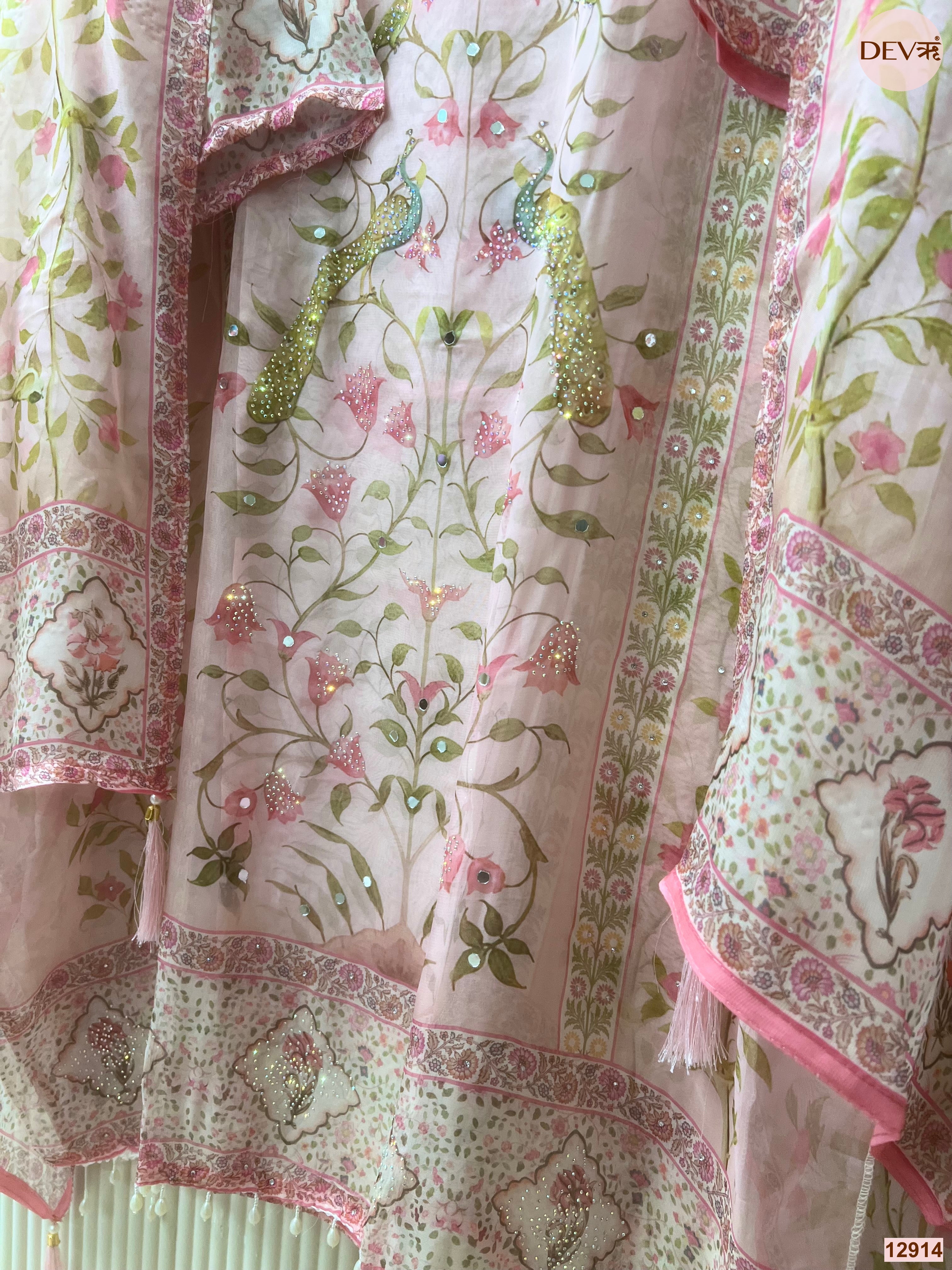 Pink Organza Printed Unstitched 3-Piece Suit (Devri – D.No 12914)