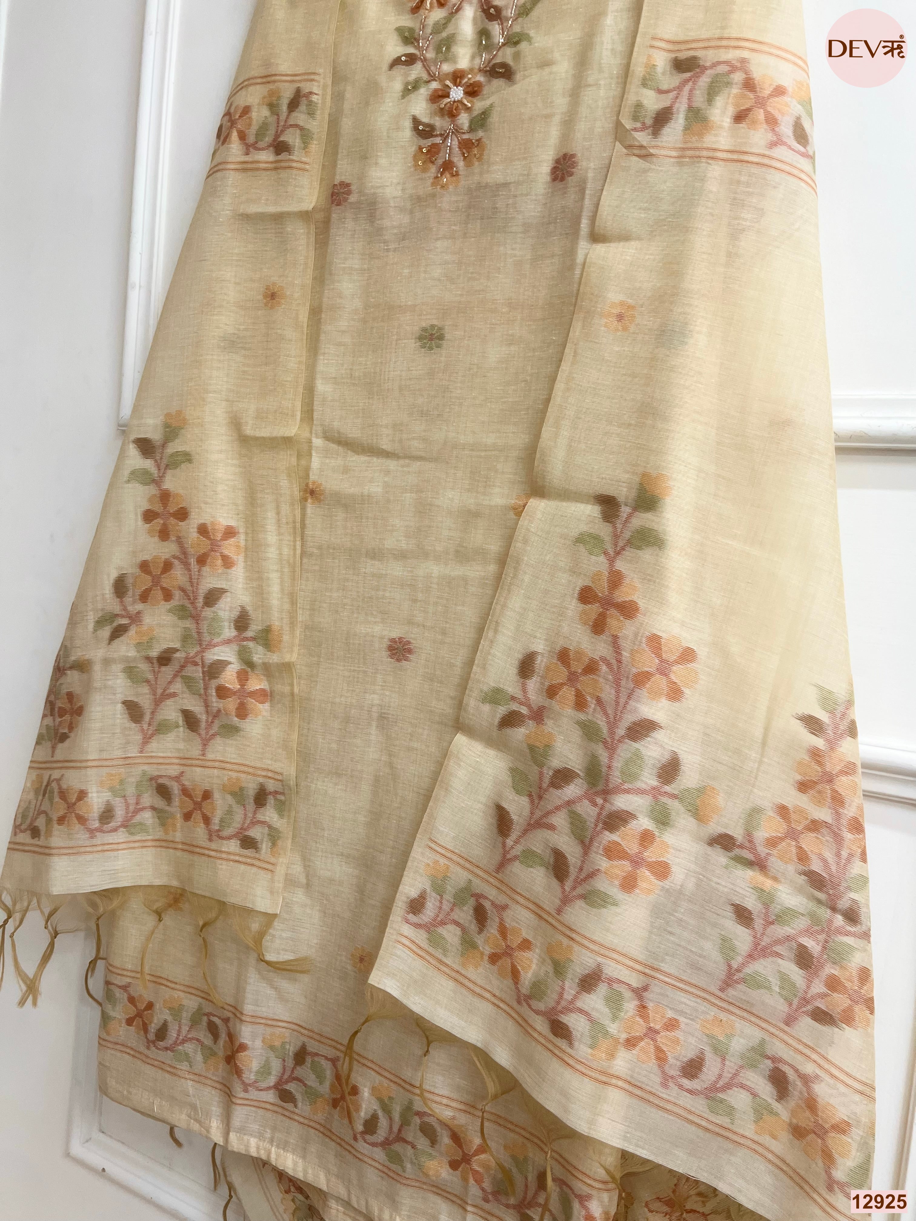 Cream Jamdani Cotton Embroidered Unstitched 3-Piece Suit (Devri – D.No 12925)