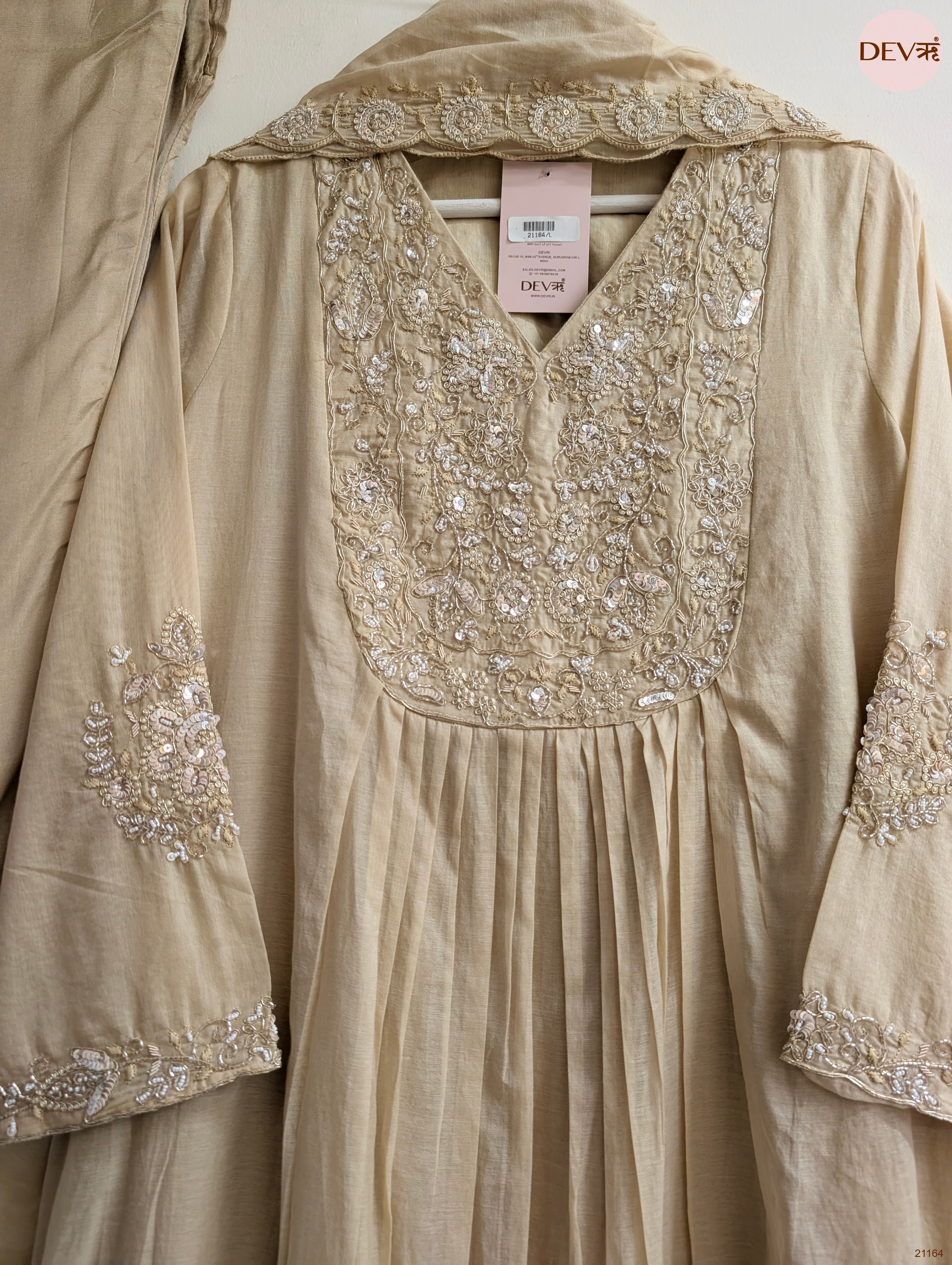 Mehr Mul Chanderi Embroidered Beige 3-Piece Set (Devri – D.No 21164)