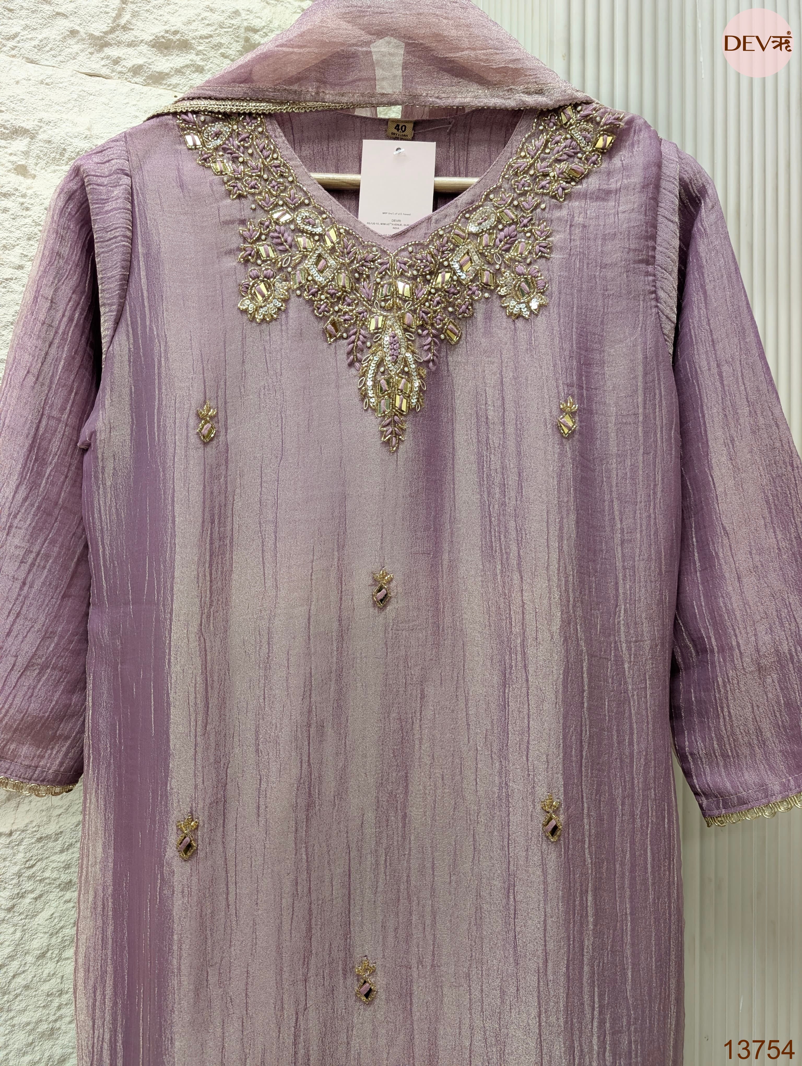 Gulnaar Tissue crush silk Embroidered Mauve 3-Piece Set (Devri – D.No 13754)
