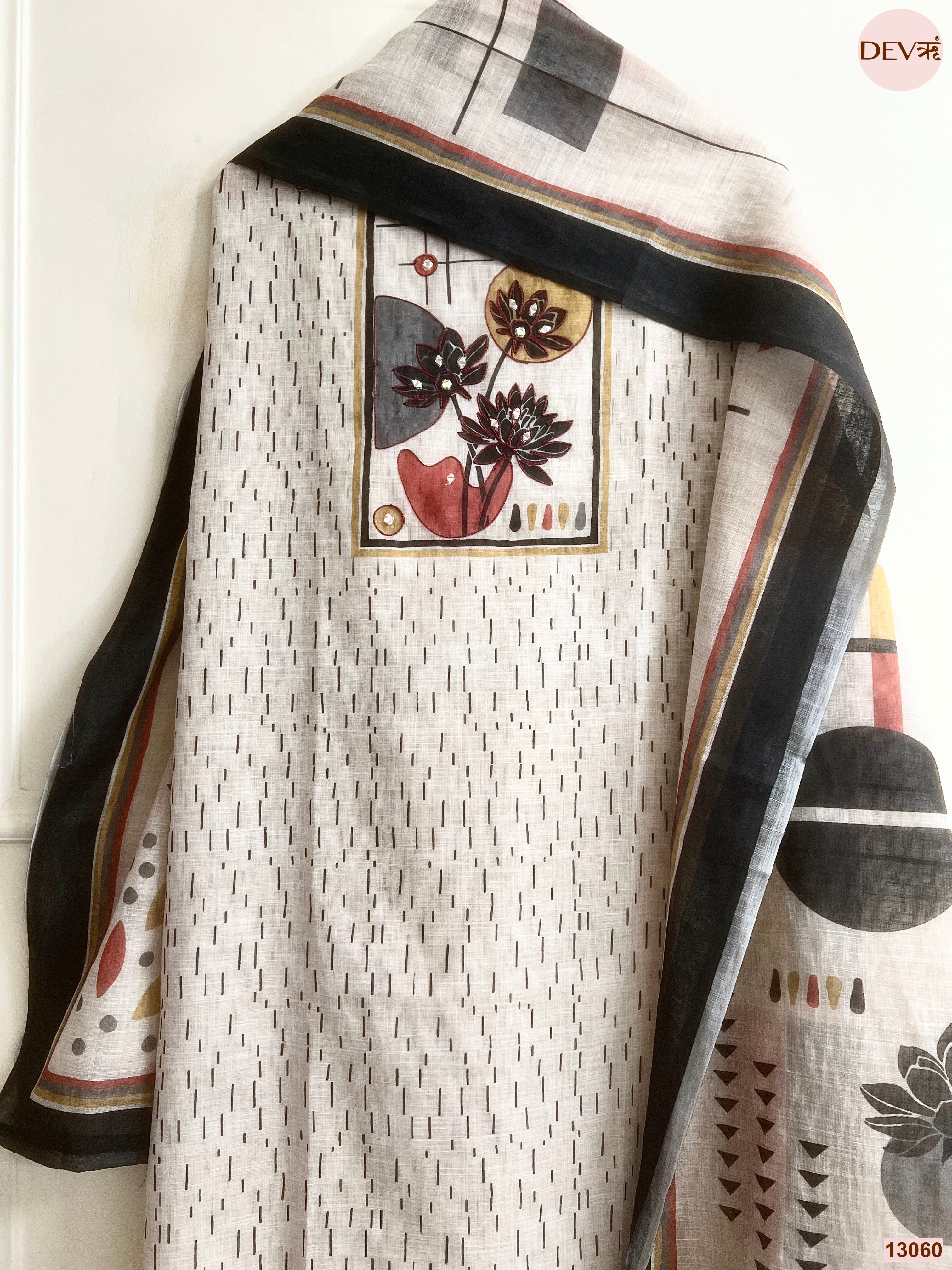 Beige Linen Cotton Printed Unstitched 3-Piece Suit (Devri – D.No 13060)