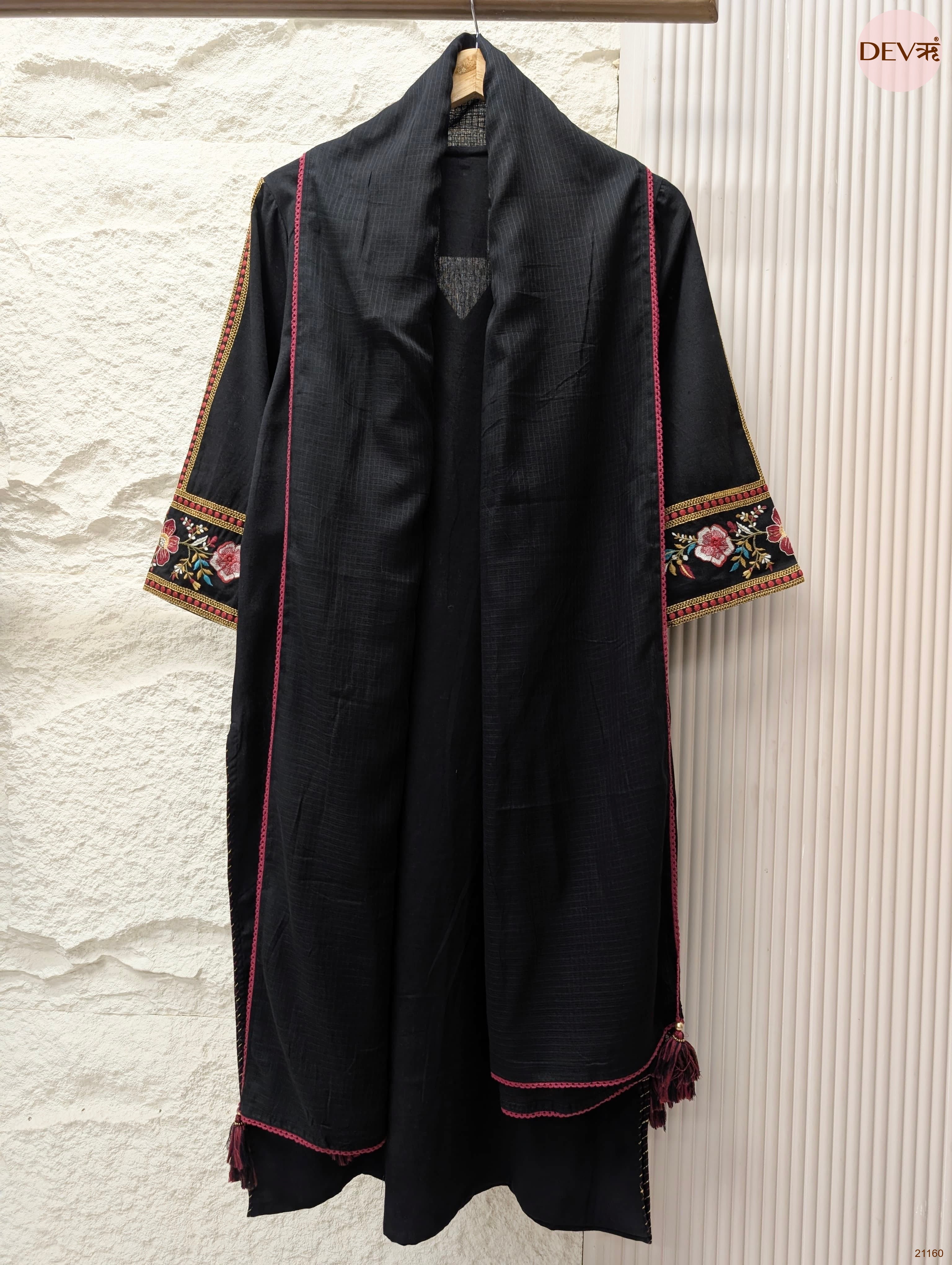 Noor Mul chanderi Embroidered Black 3-Piece Set (Devri – D.No 21160)