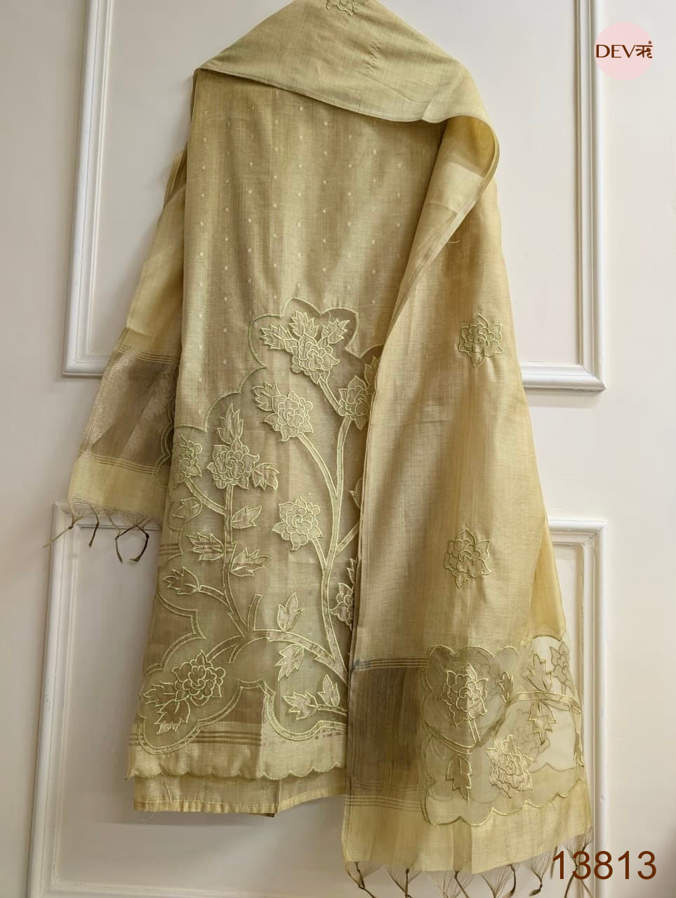 Beige Mul Chanderi Embroidered Unstitched 3-Piece Suit (Devri – D.No 13813)