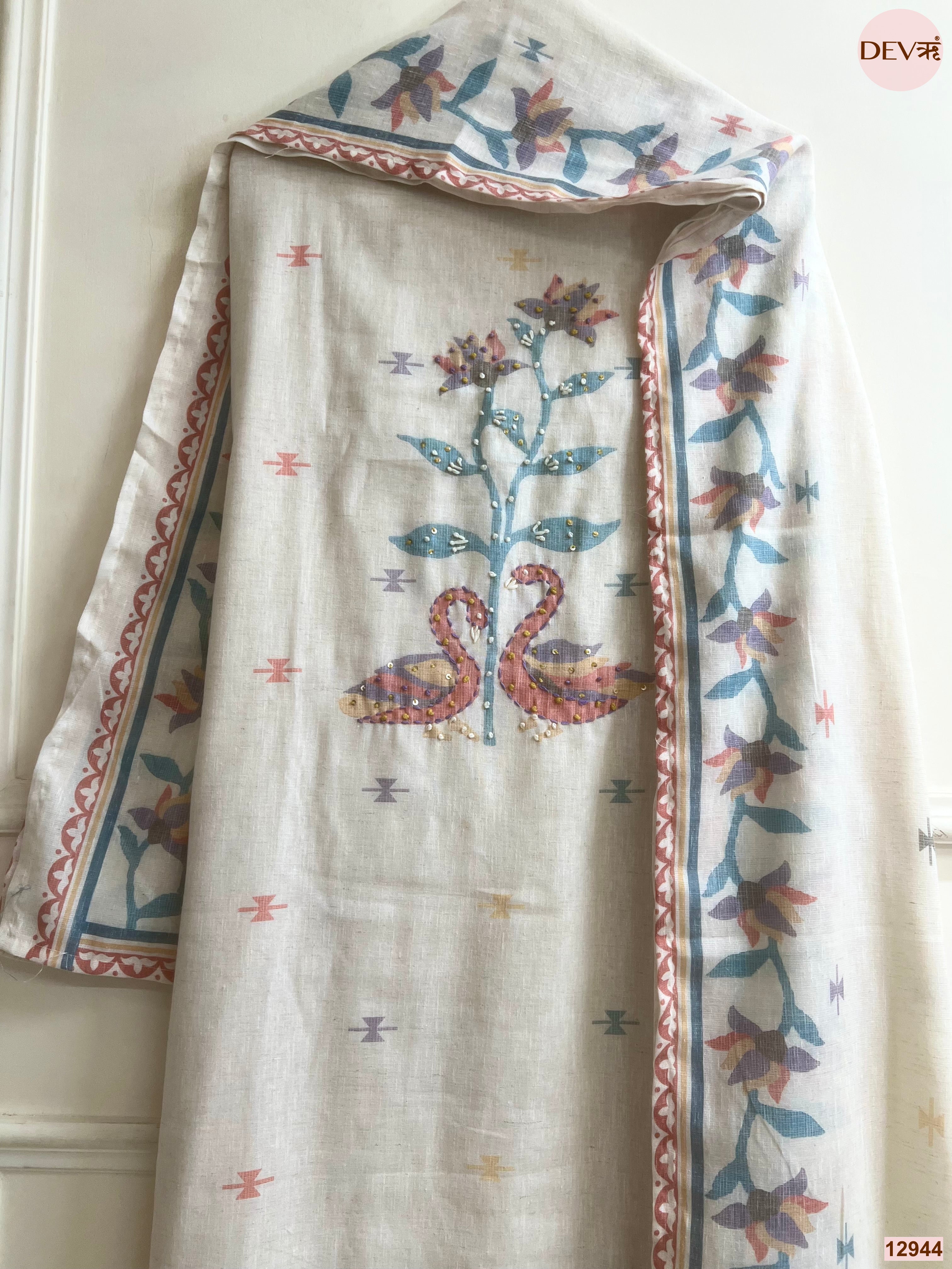 Off White Cotton Khadi Printed Unstitched 3-Piece Suit (Devri – D.No 12944)