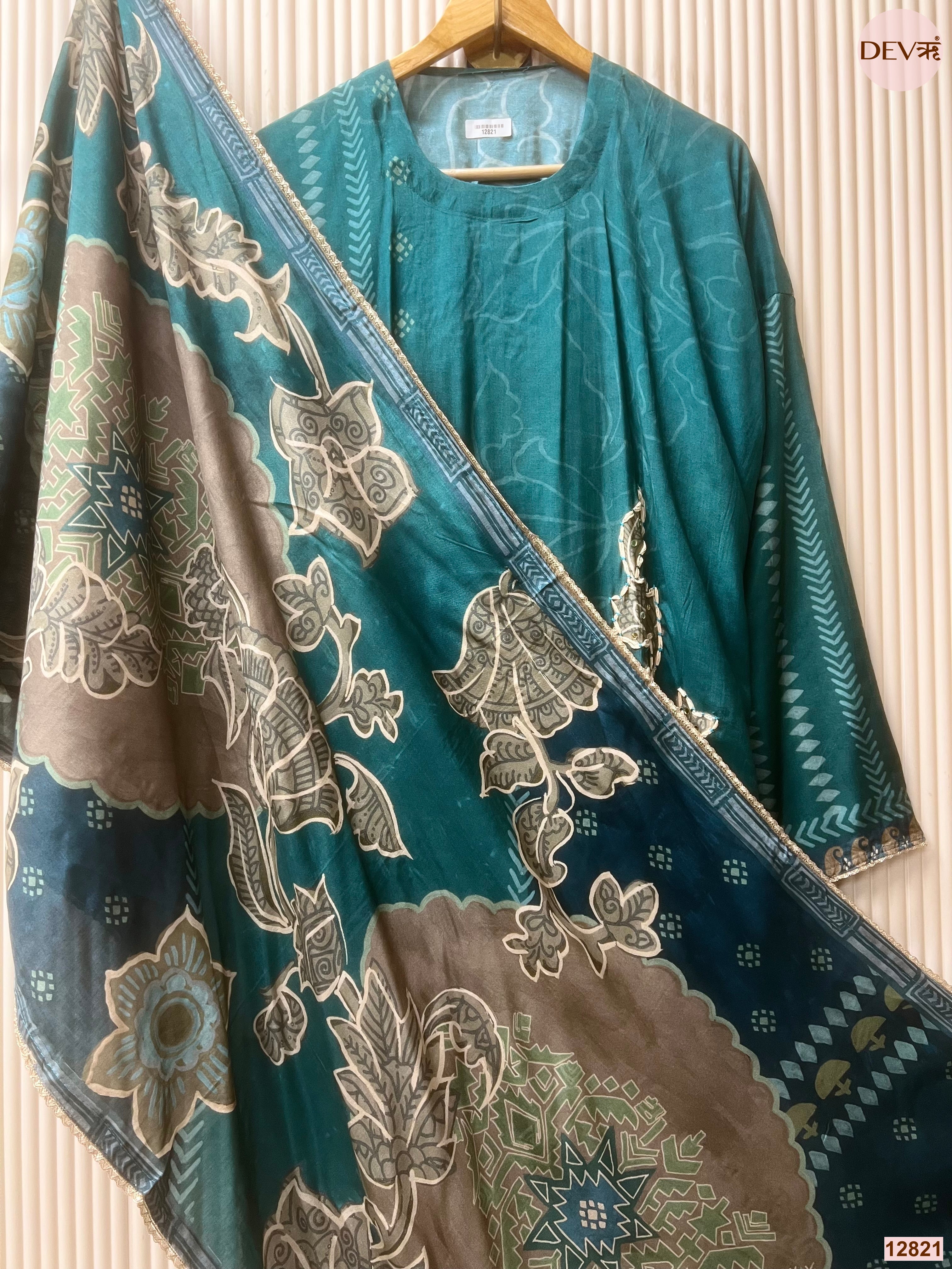 Teal Muslin Printed Unstitched 3-Piece Suit (Devri – D.No 12821)