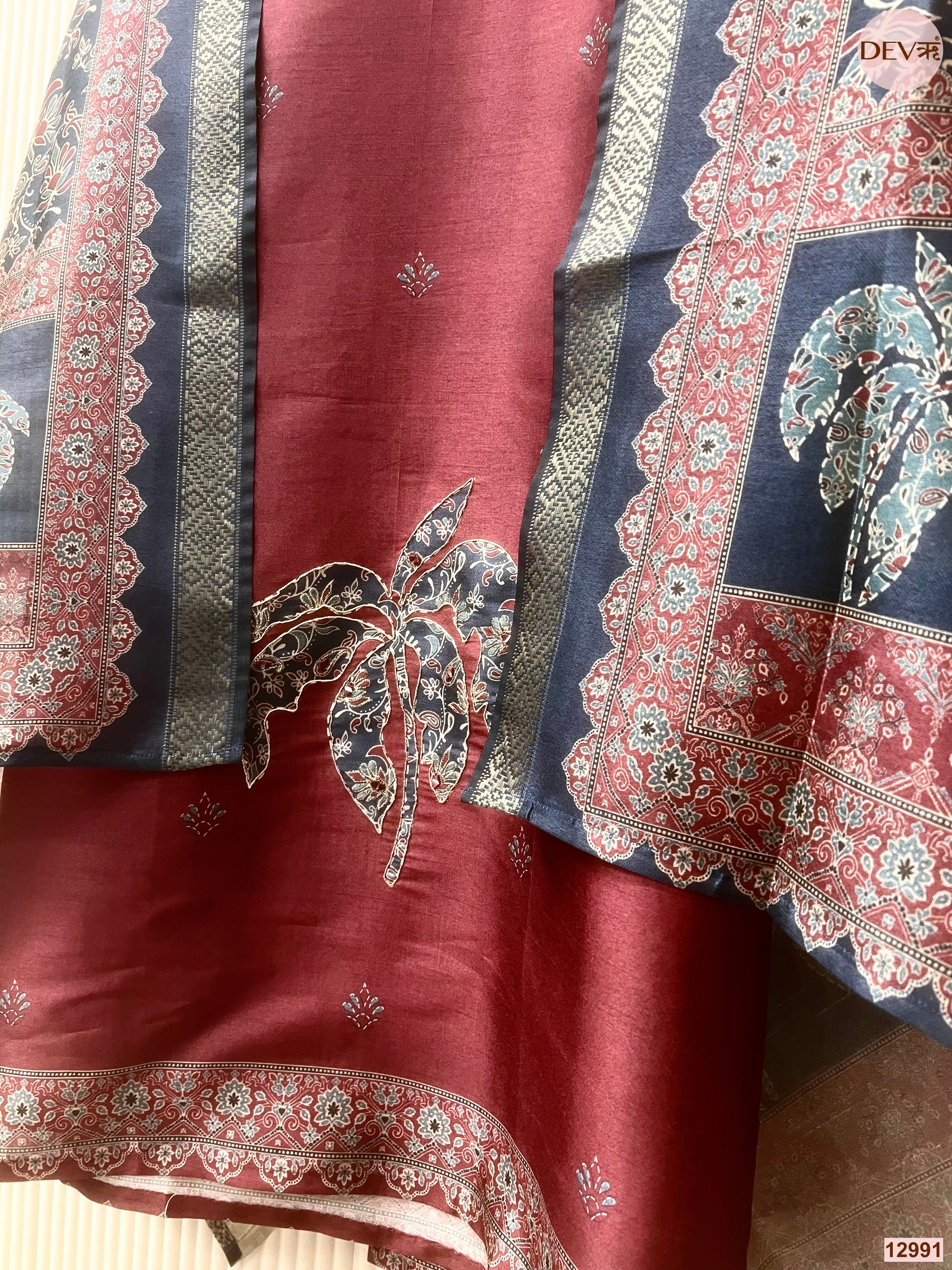 Maroon Raw Silk Printed Unstitched 3-Piece Suit (Devri – D.No 12991)