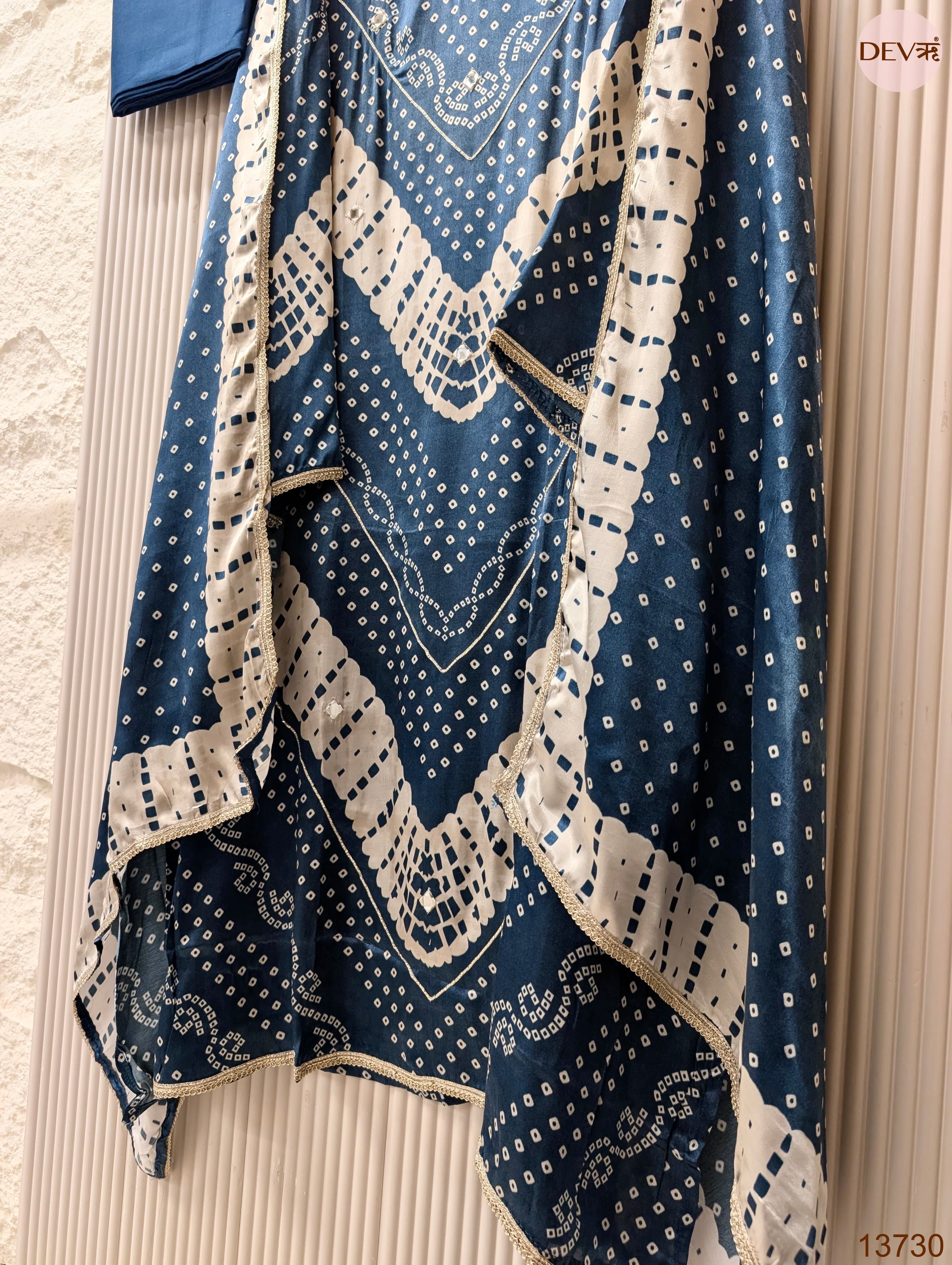 Blue Gajji Silk Printed Unstitched 3-Piece Suit (Devri – D.No 13730)