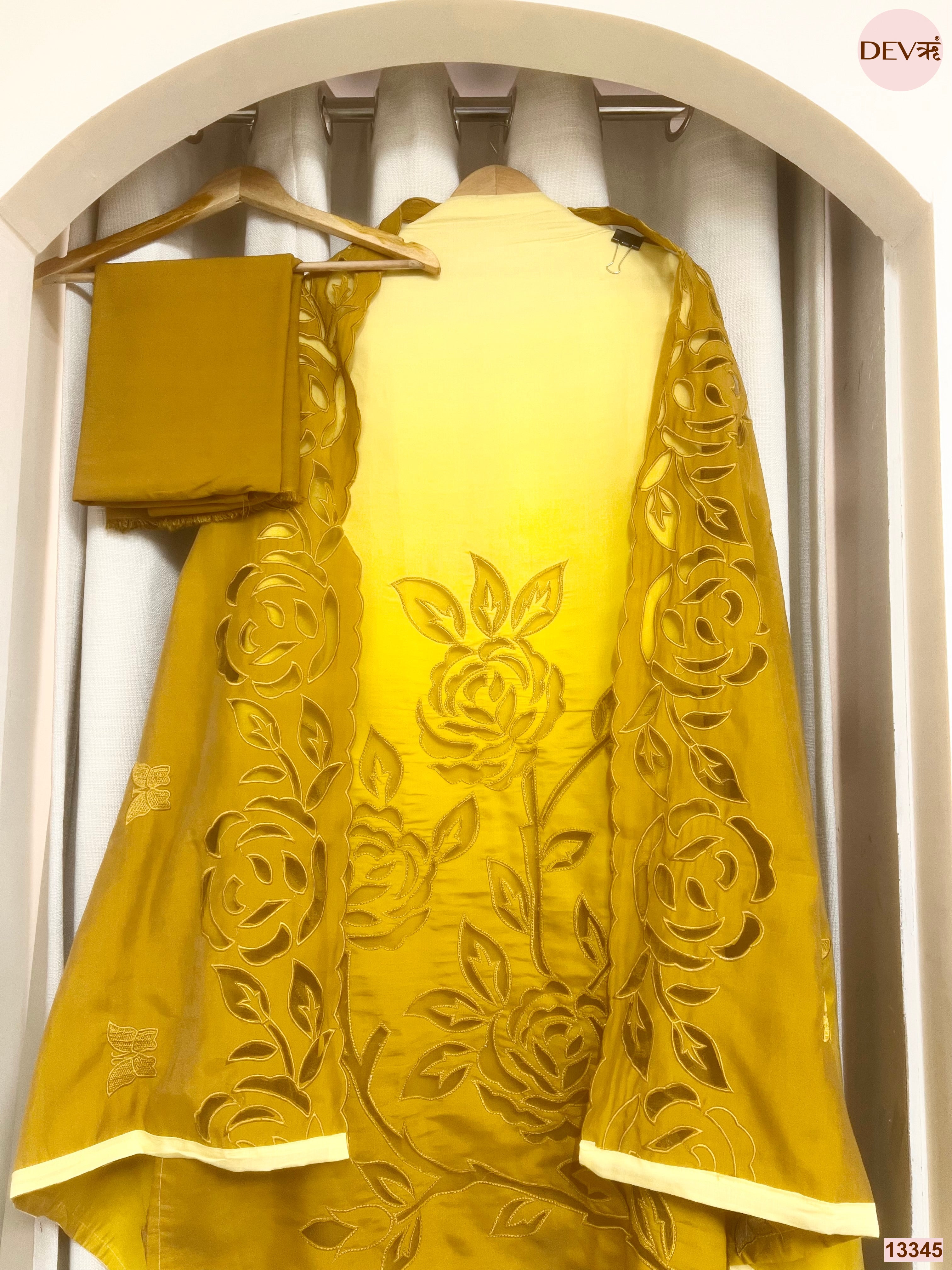 Yellow Mul Chanderi Embroidered Unstitched 3-Piece Suit (Devri – D.No 13345)