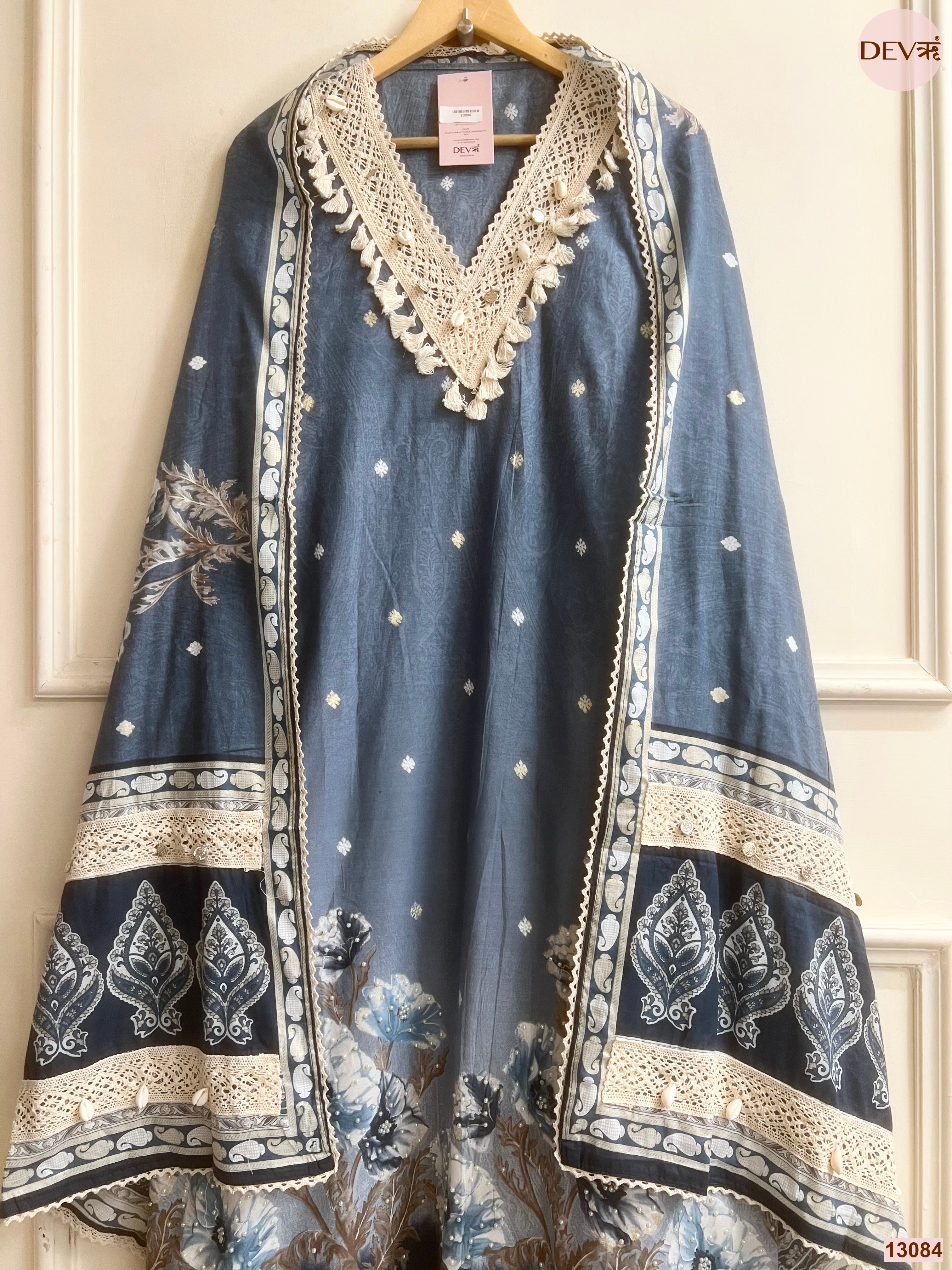 Blue Cotton Printed Unstitched 3-Piece Suit (Devri – D.No 13084)