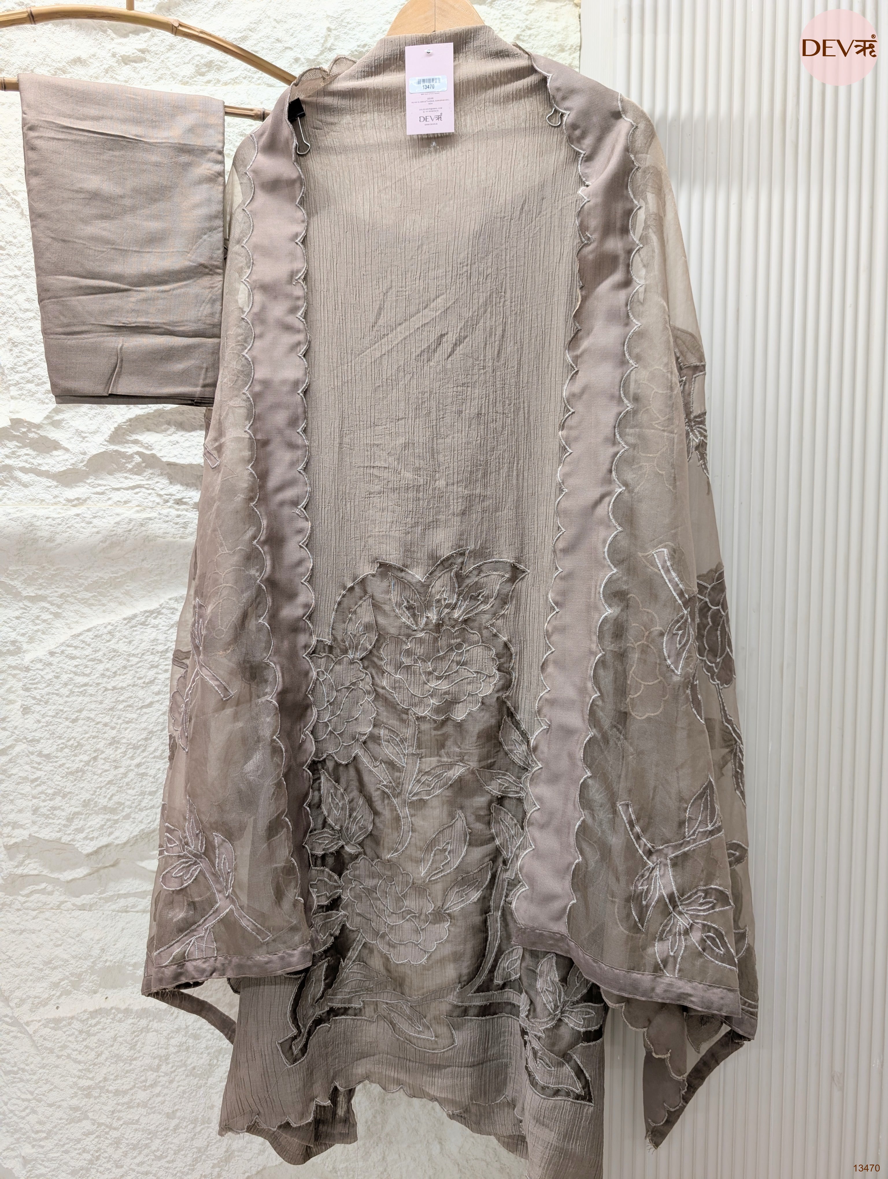 Taupe Mul Crush Embroidered Unstitched 3-Piece Suit (Devri – D.No 13470)