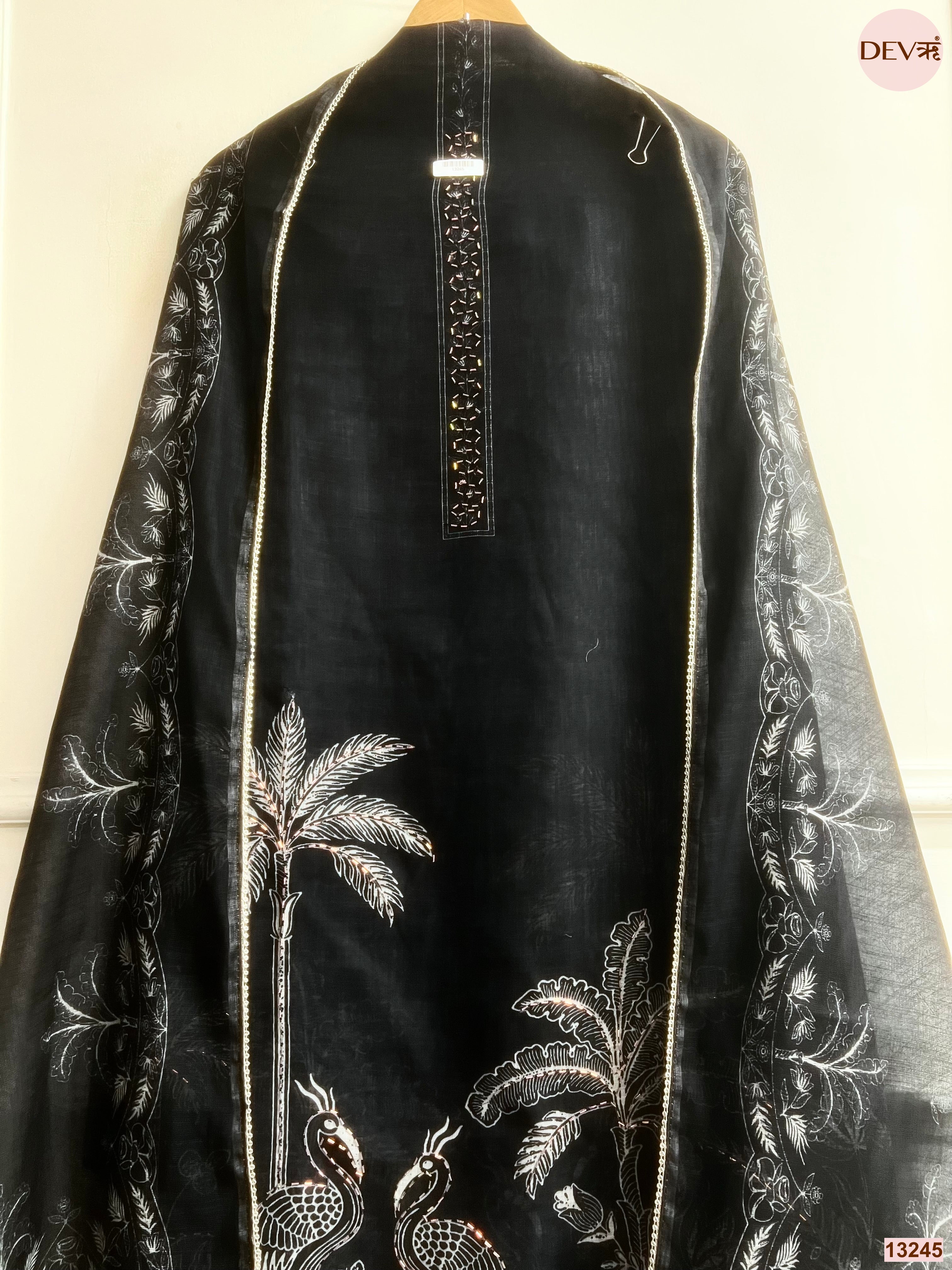 Black Linen Cotton Printed Unstitched 3-Piece Suit (Devri – D.No 13245)