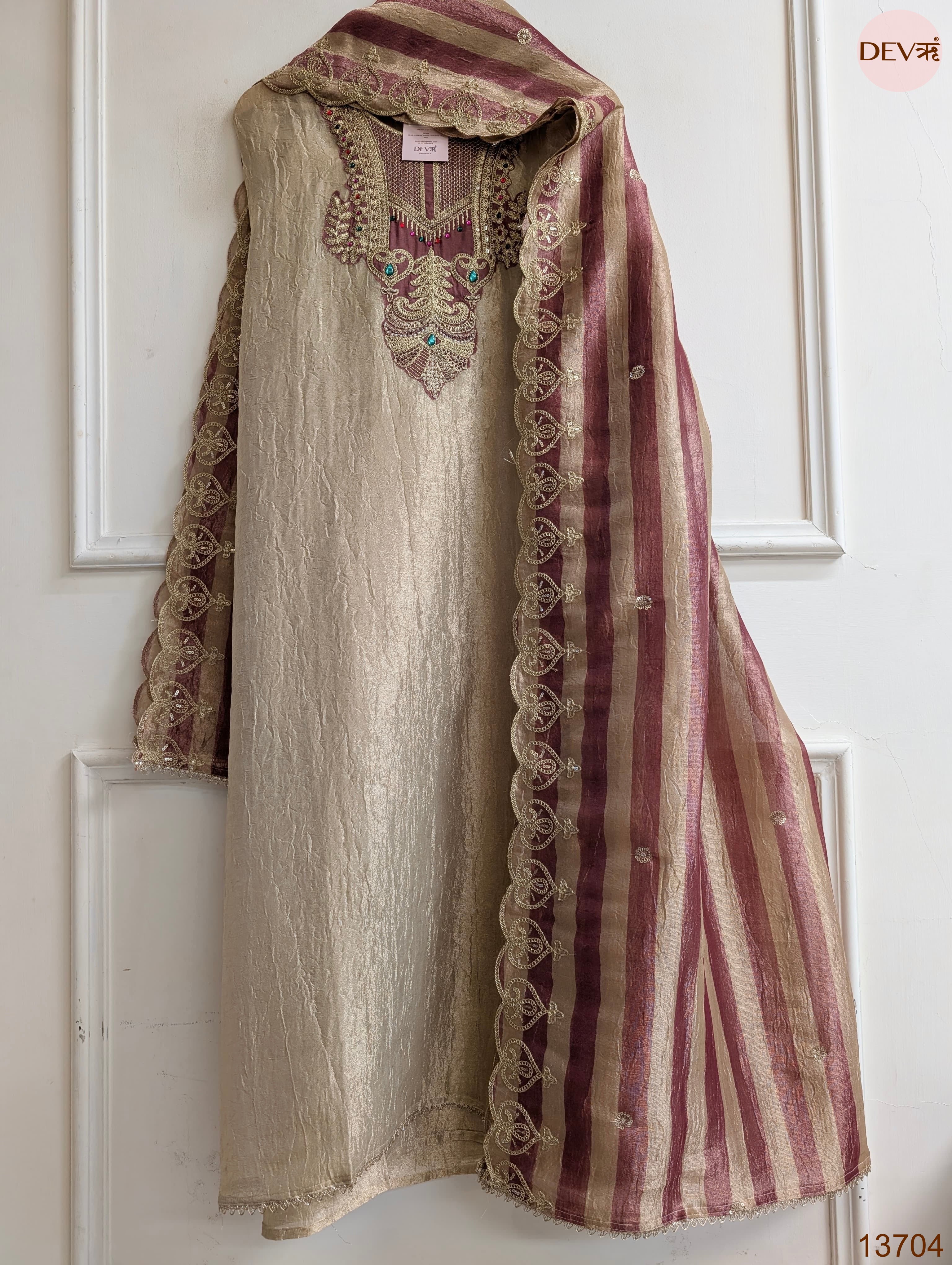 Beige Pure Tissue Silk Embroidered Unstitched 3-Piece Suit (Devri – D.No 13704)