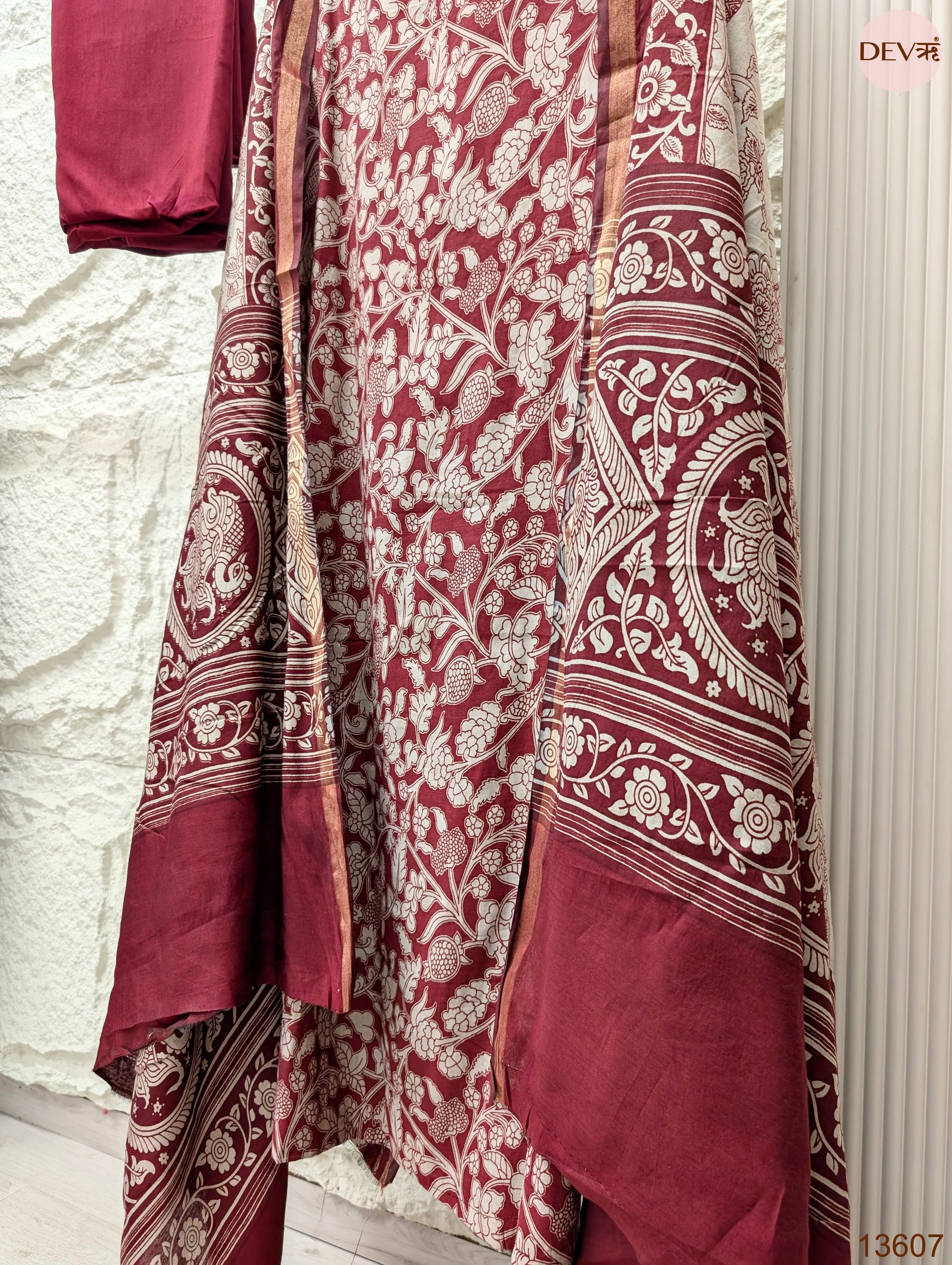 Maroon Maheshwari Silk Printed Unstitched 3-Piece Suit (Devri – D.No 13607)
