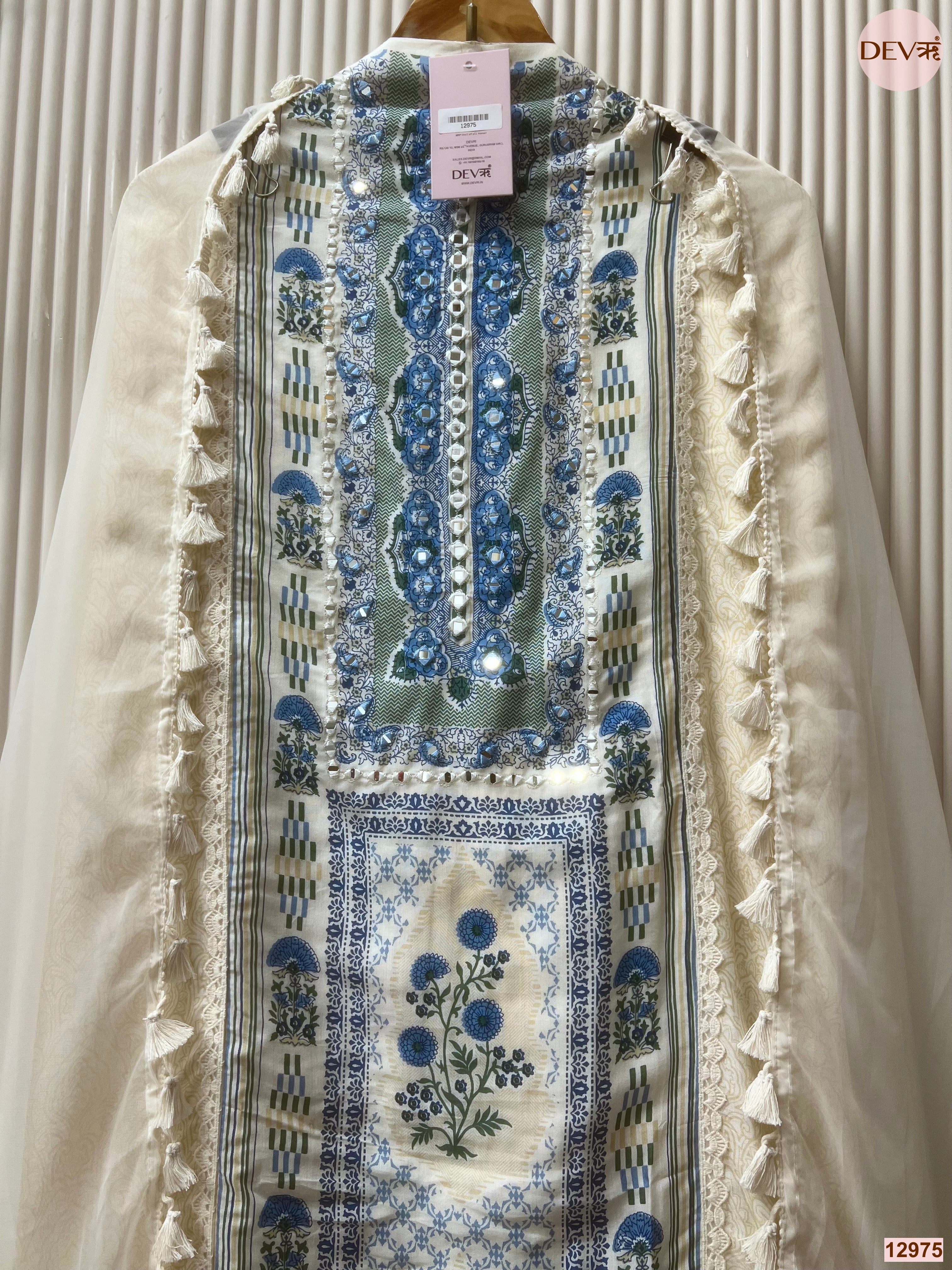 Cream Muslin Printed Unstitched 3-Piece Suit (Devri – D.No 12975)