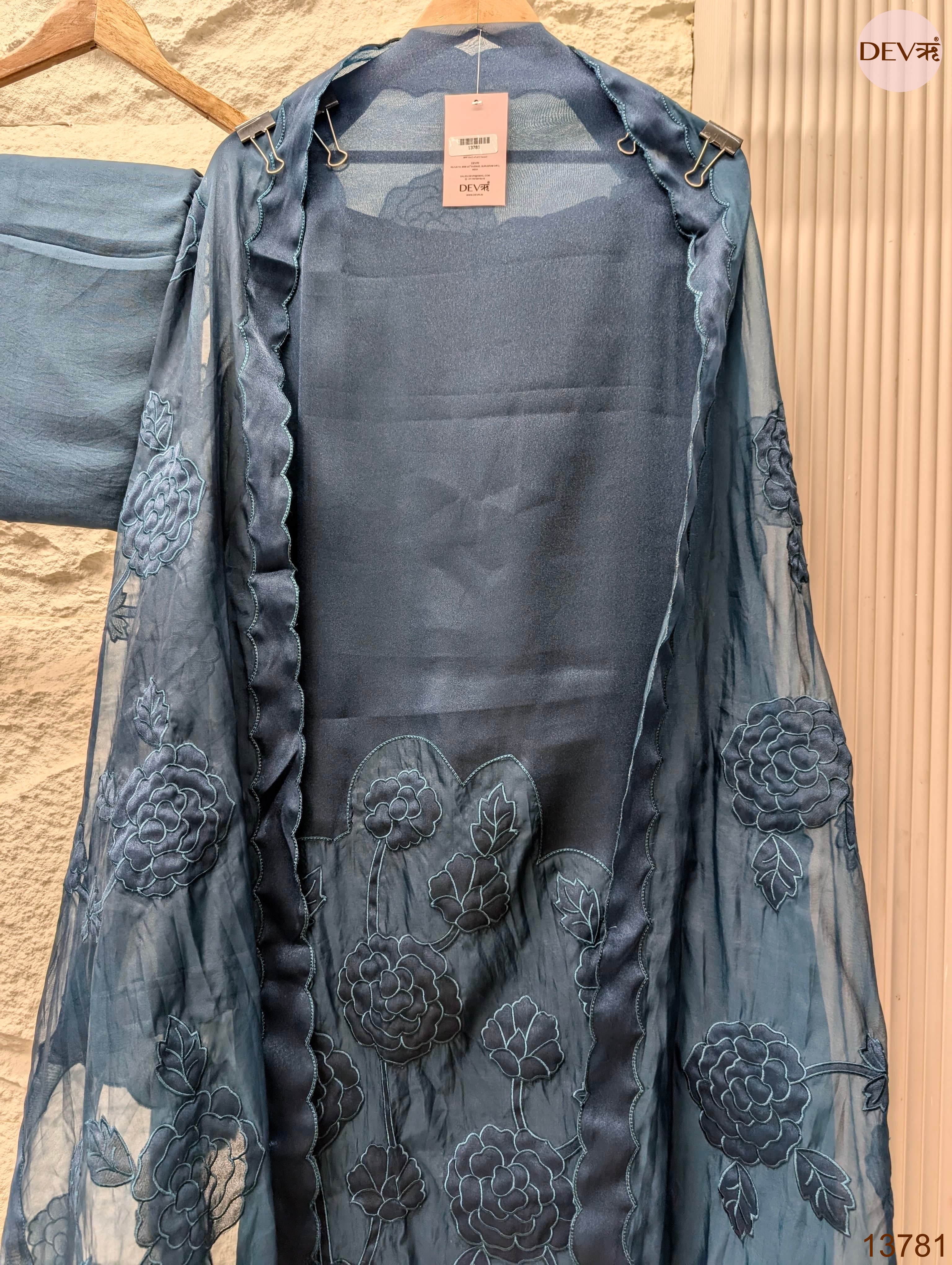 Blue Tissue Silk Blend Embroidered Unstitched 3-Piece Suit (Devri – D.No 13781)