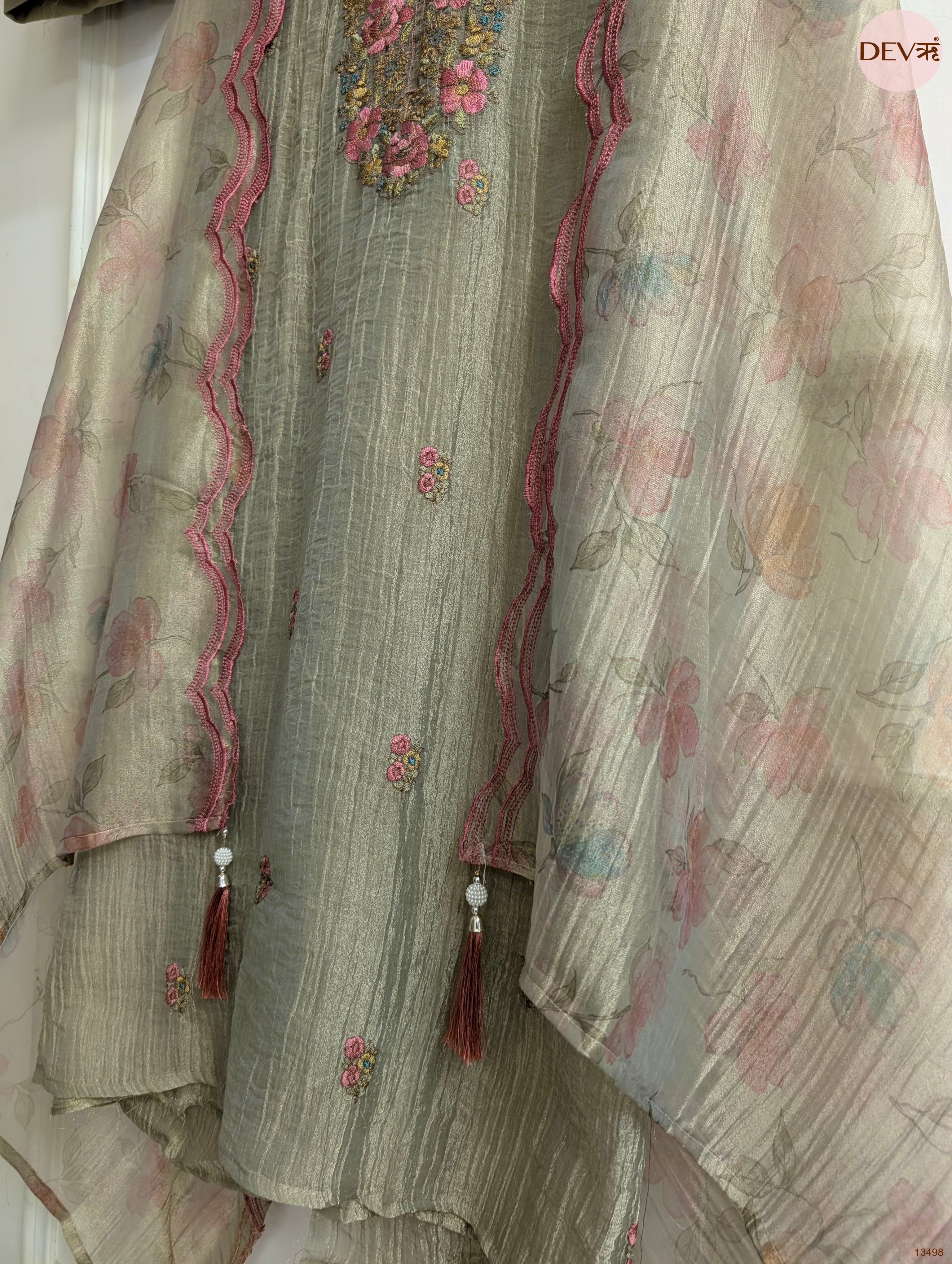 Olive Tissue Crush Silk Embroidered Unstitched 3-Piece Suit (Devri – D.No 13498)