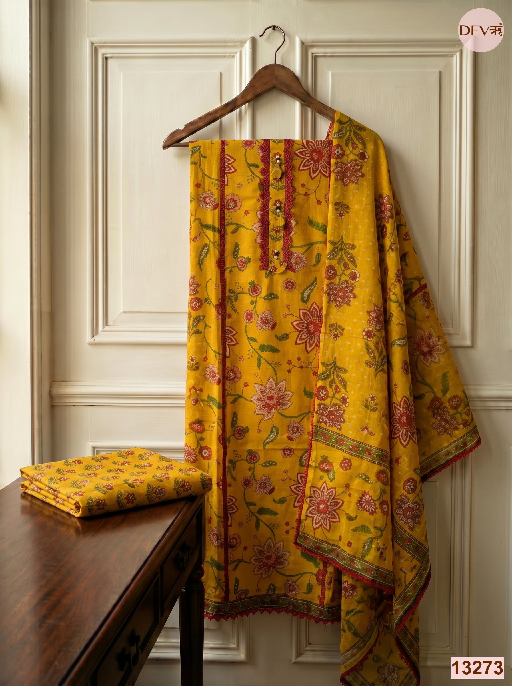 Yellow Cotton Printed Unstitched 3-Piece Suit (Devri – D.No 13273)