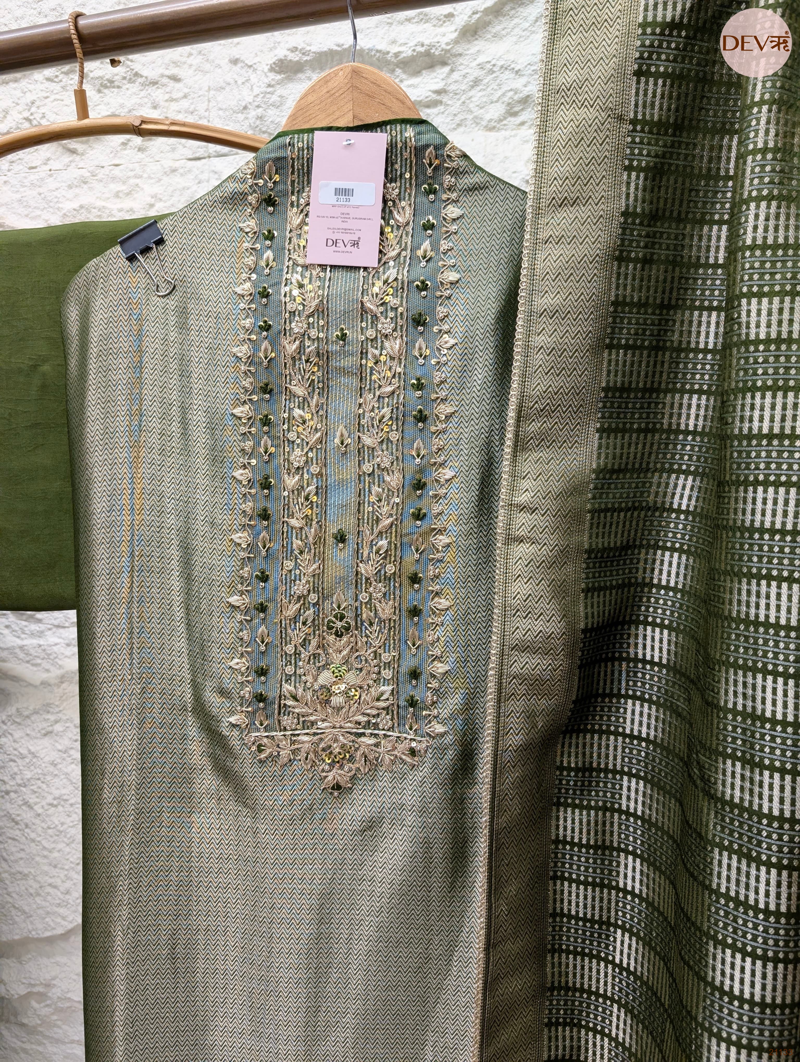 Olive Pure giraffe banarasi silk Embroidered Unstitched 3-Piece Suit (Devri – D.No 21133)