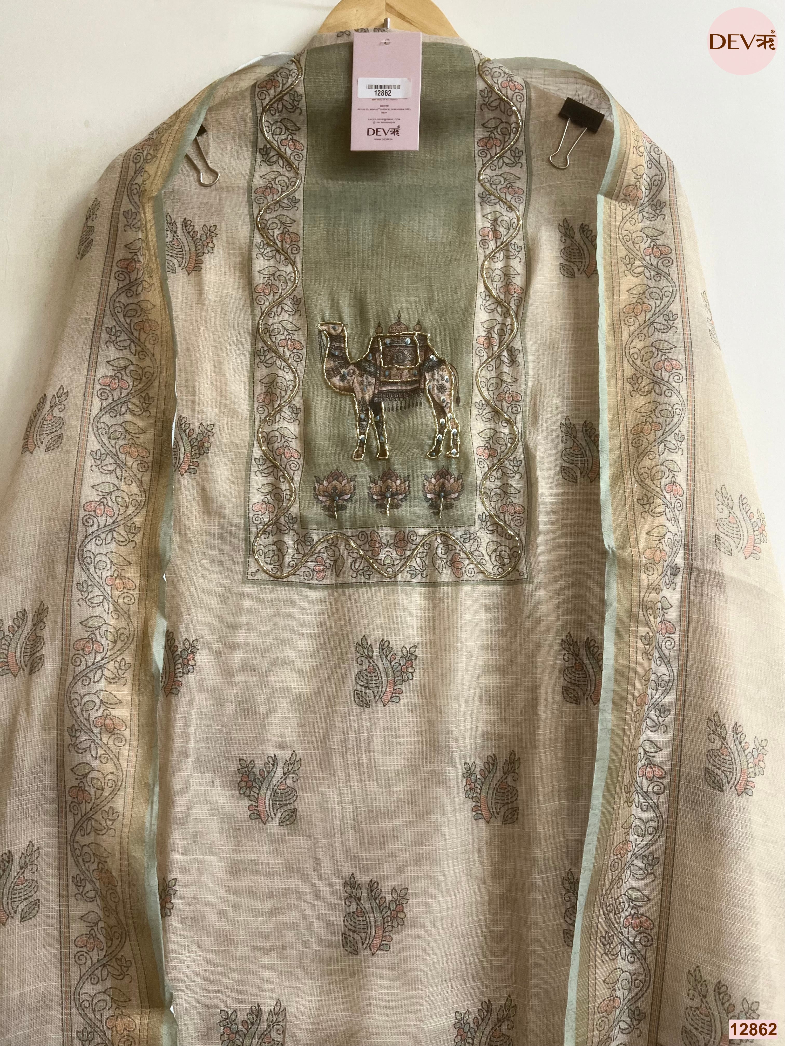 Green Linen Cotton Printed Unstitched 3-Piece Suit (Devri – D.No 12862)