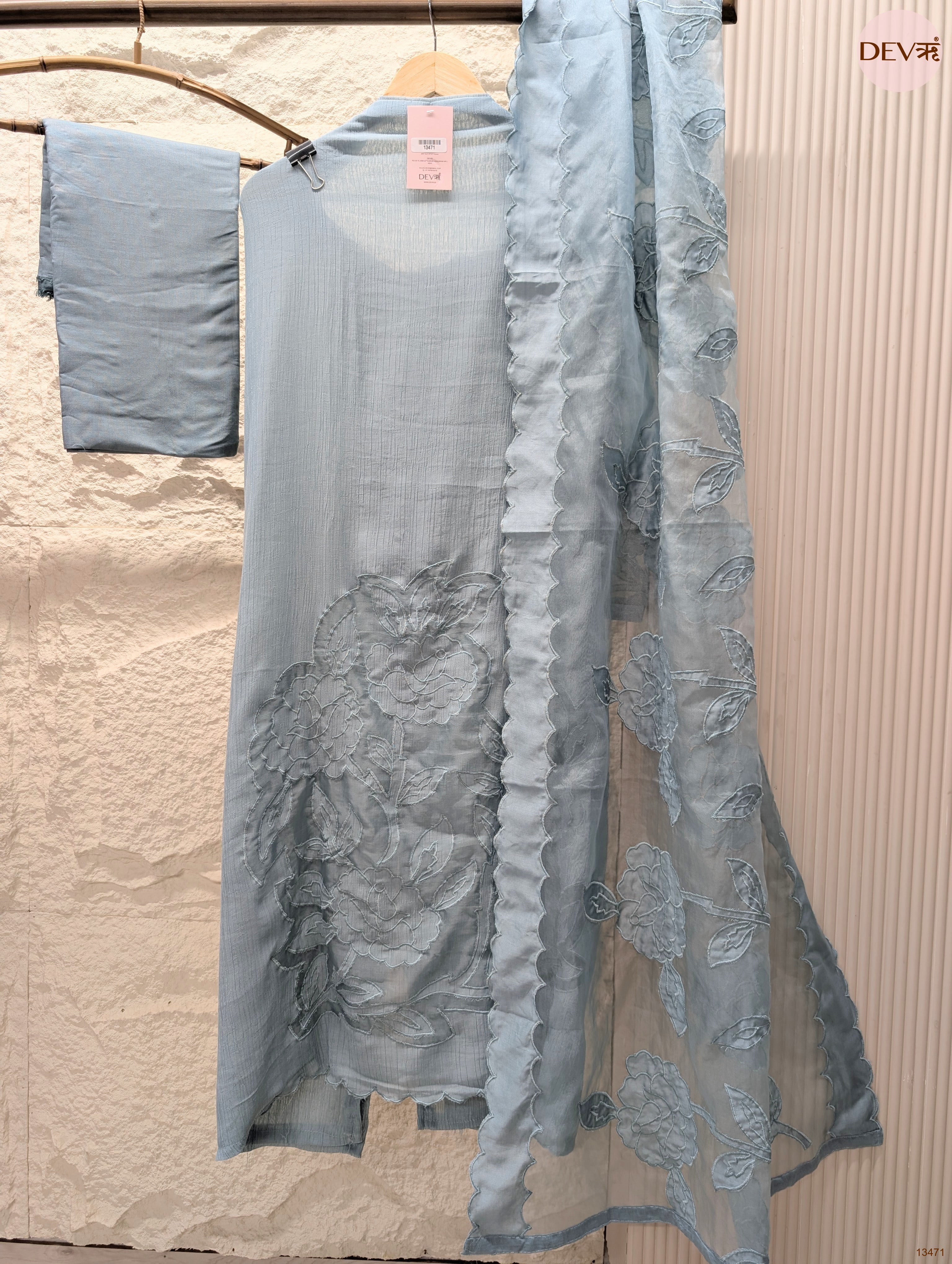 Blue Mul Crush Embroidered Unstitched 3-Piece Suit (Devri – D.No 13471)