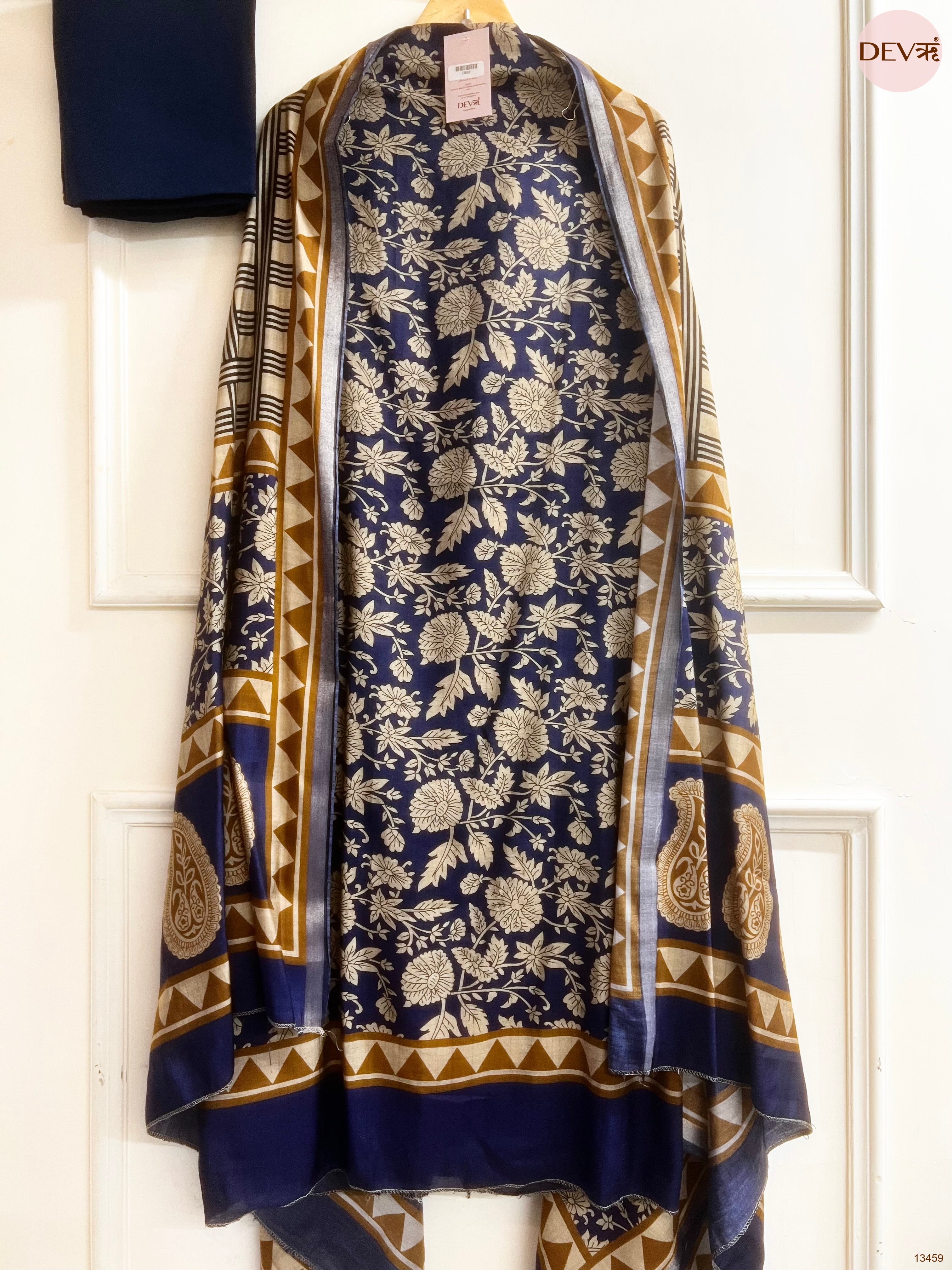 Navy Blue Maheshwari Silk Printed Unstitched 3-Piece Suit (Devri – D.No 13459)