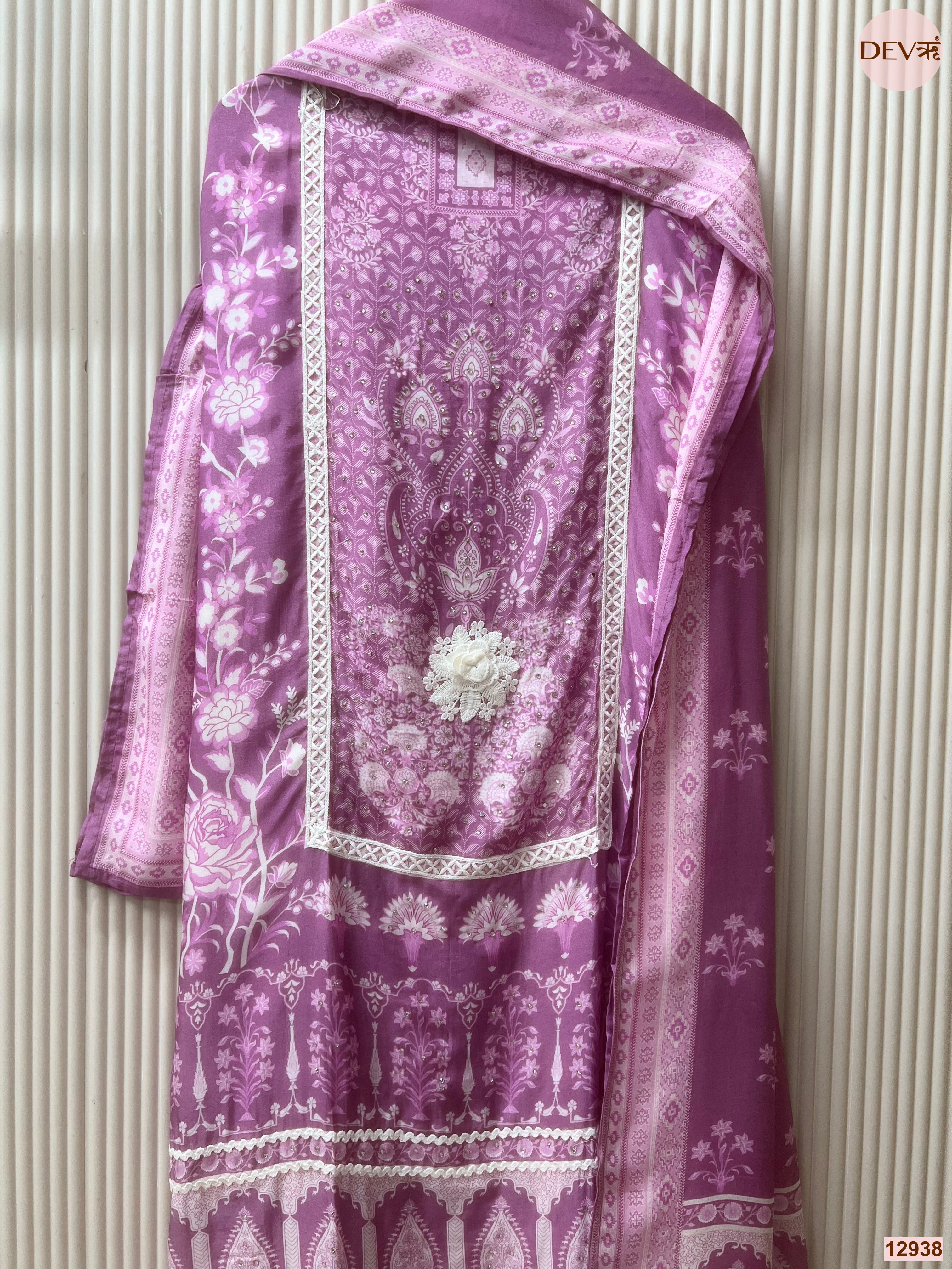 Purple Muslin Printed Unstitched 3-Piece Suit (Devri – D.No 12938)