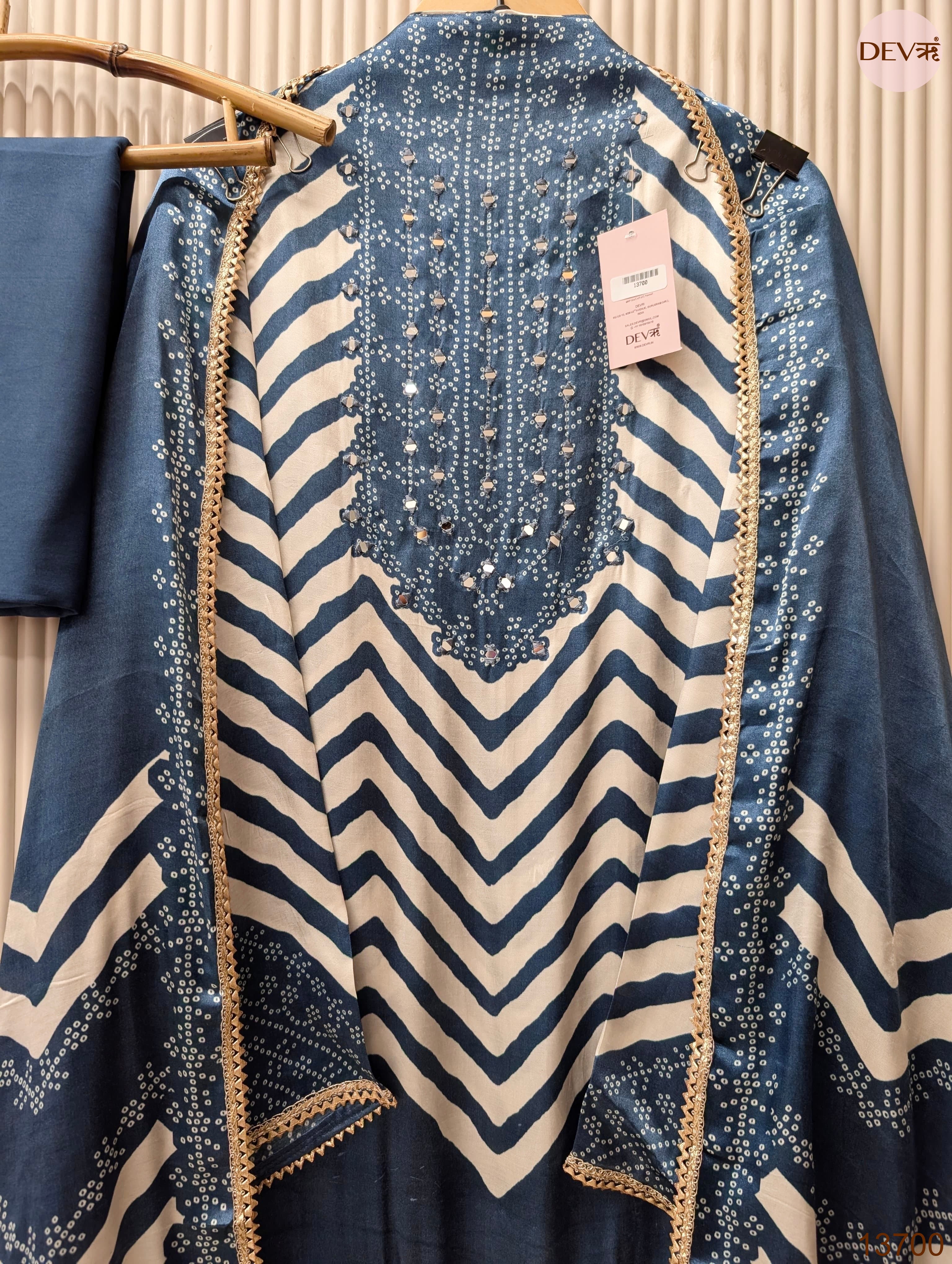 Blue Pure Gajji Silk Printed Unstitched 3-Piece Suit (Devri – D.No 13700)