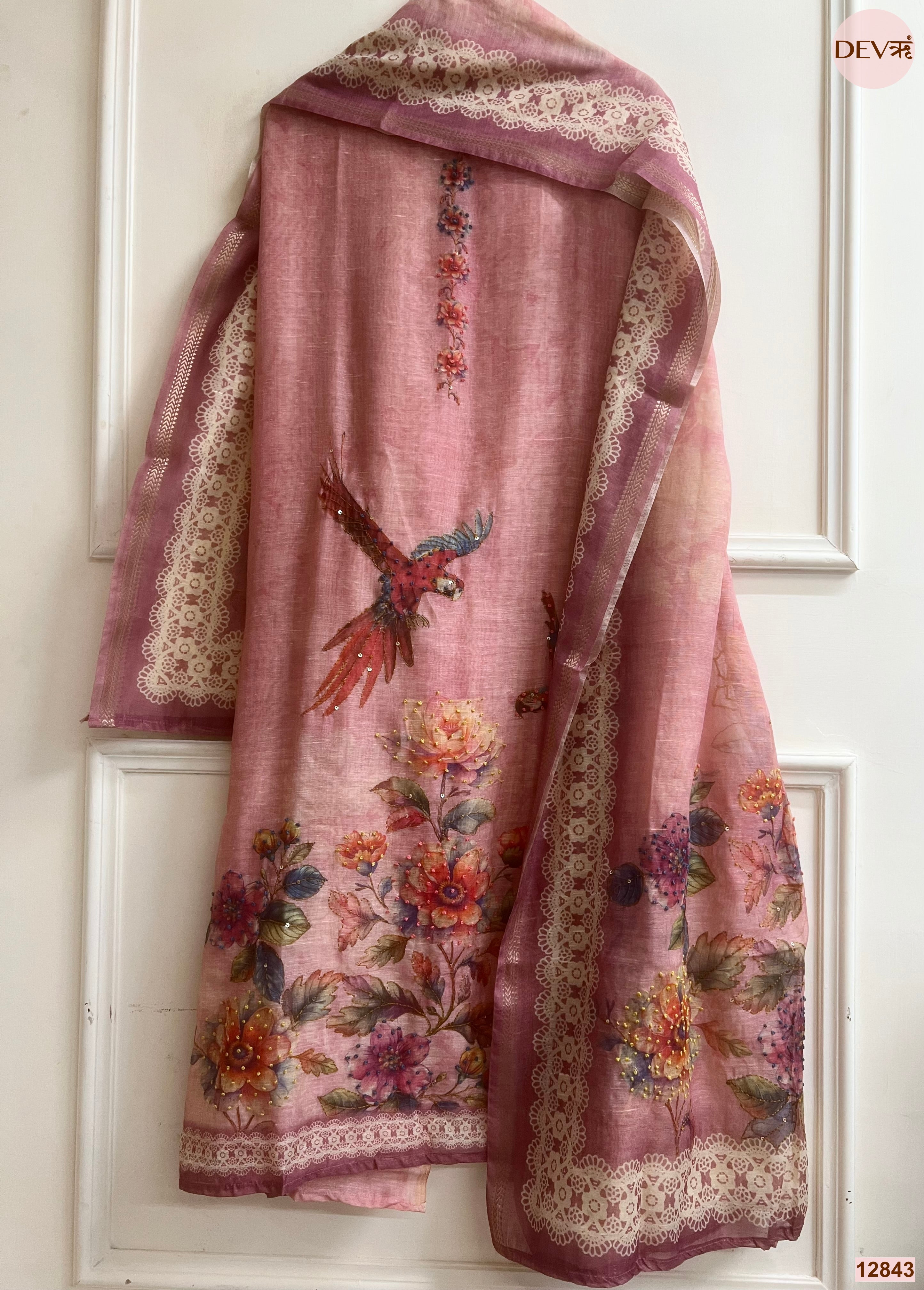 Pink Mul Chanderi Printed Unstitched 3-Piece Suit (Devri – D.No 12843)