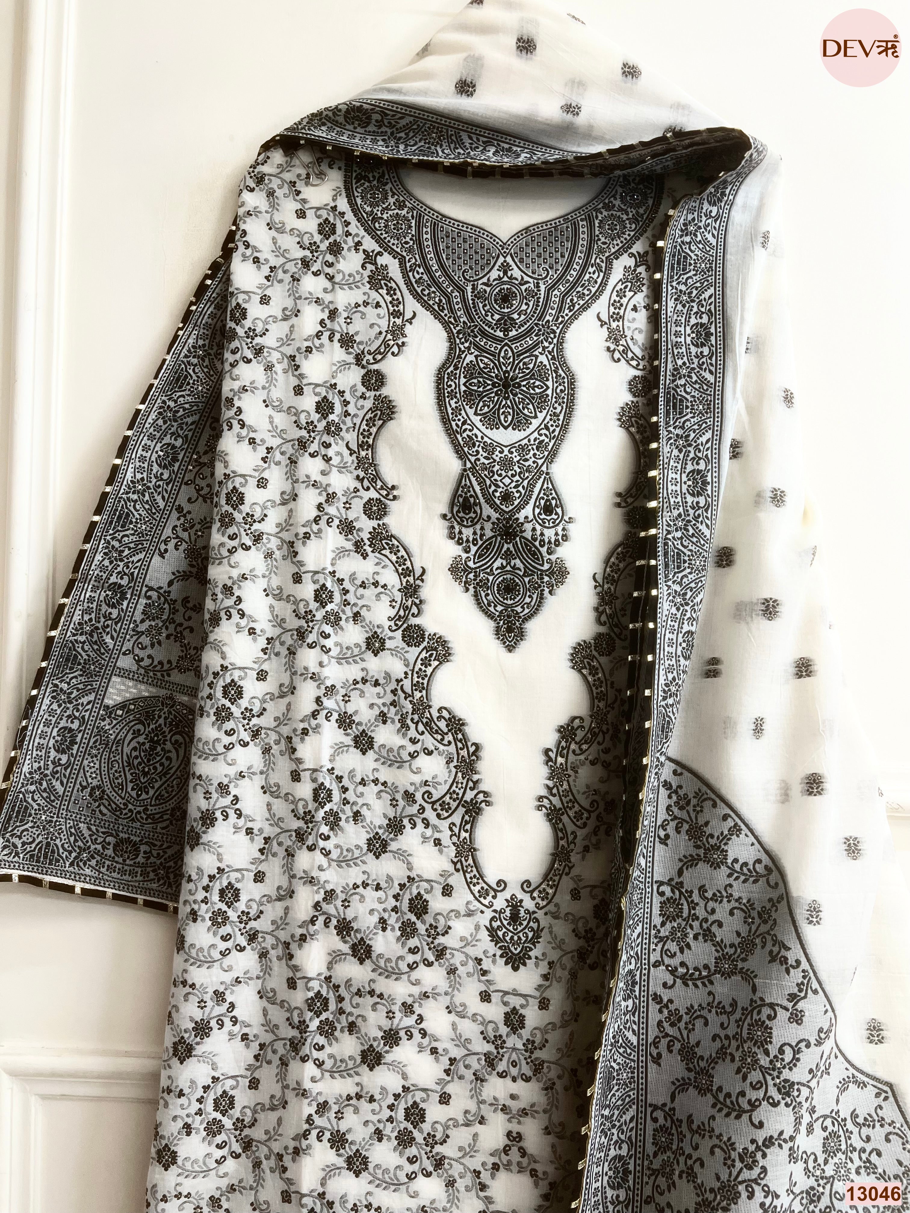 White Cotton Jamdani Printed Unstitched 3-Piece Suit (Devri – D.No 13046)