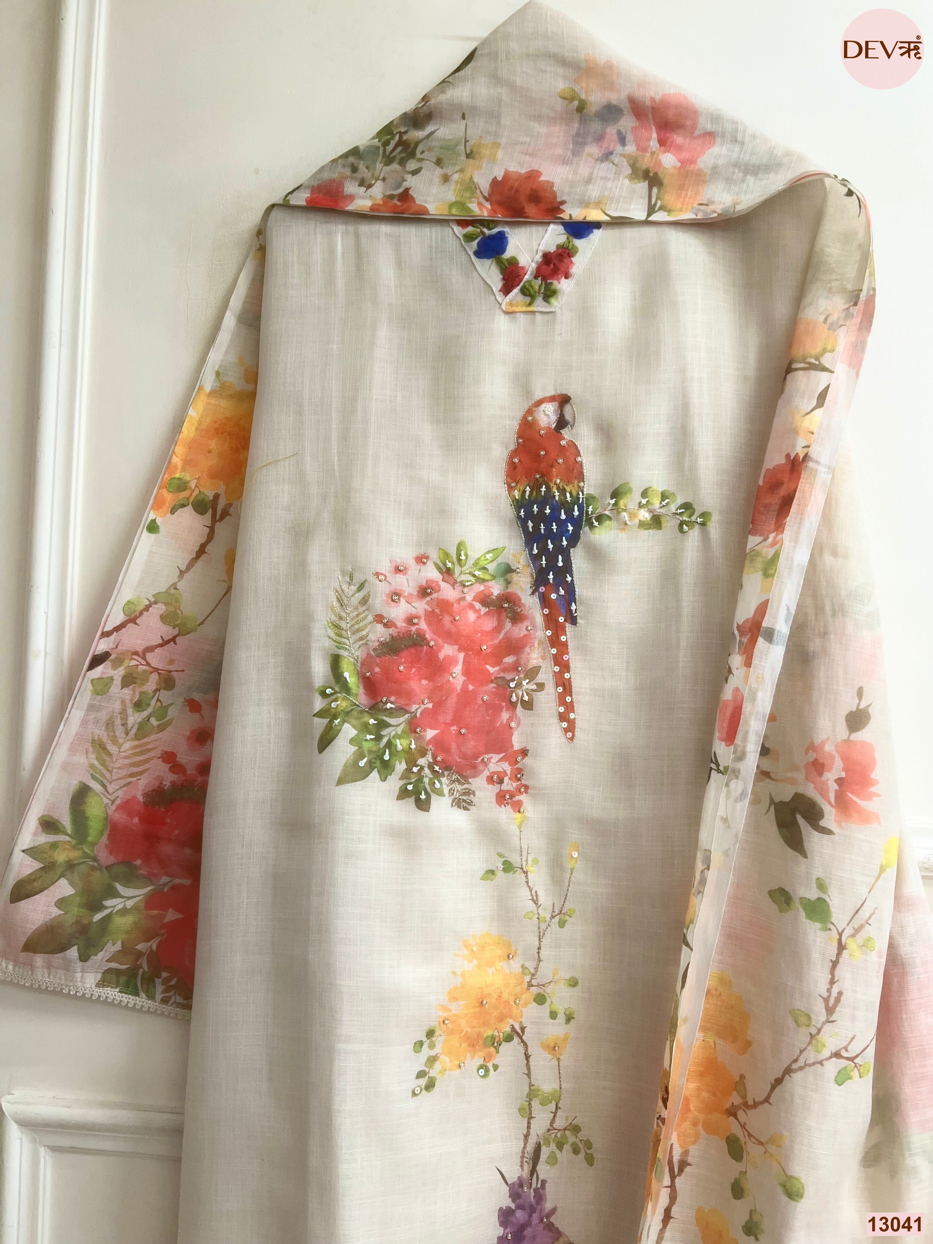 Beige Linen Printed Unstitched 3-Piece Suit (Devri – D.No 13041)
