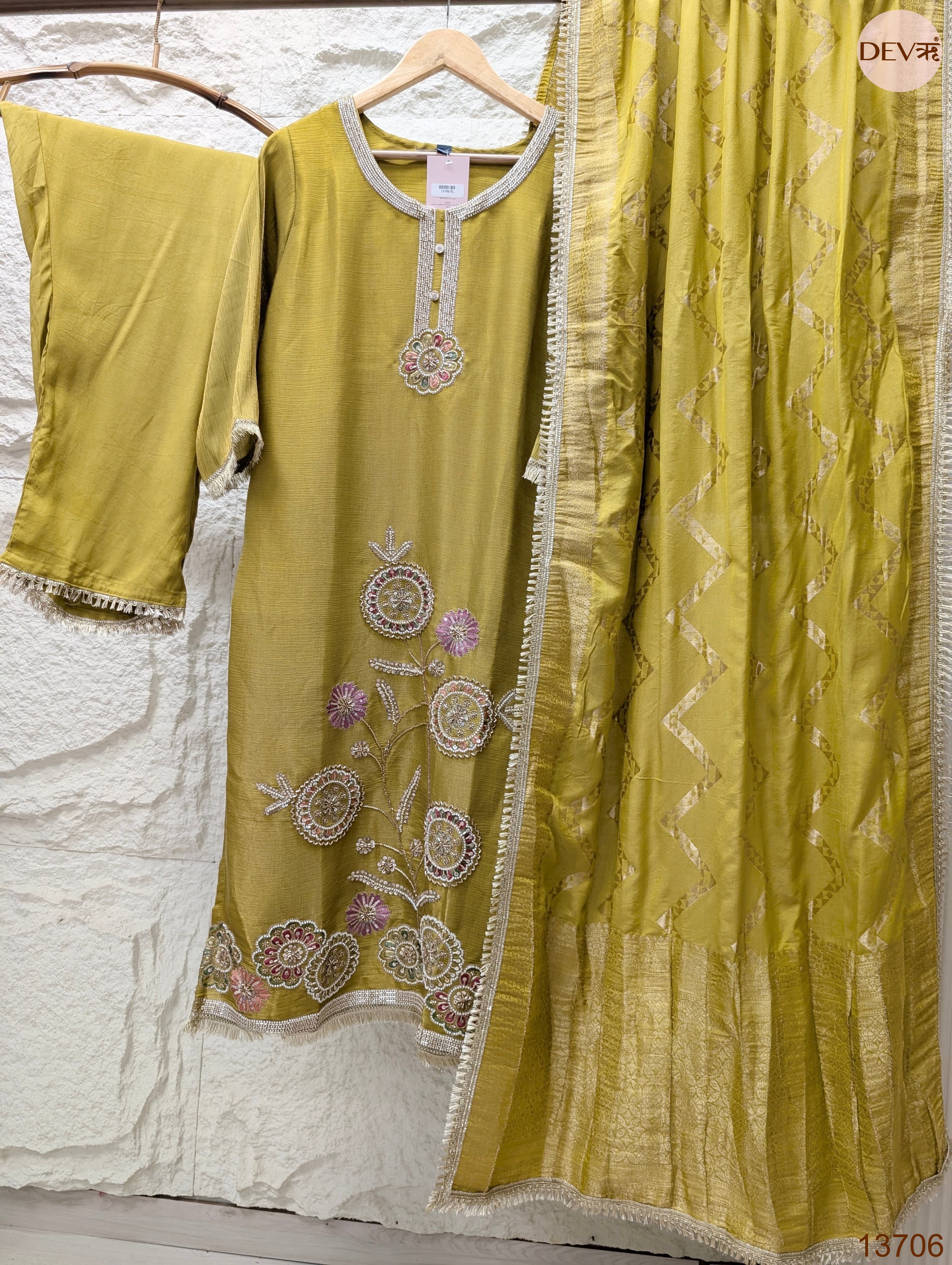 Gulnaar Tissue silk blend Embroidered Olive Green 3-Piece Set (Devri – D.No 13706)