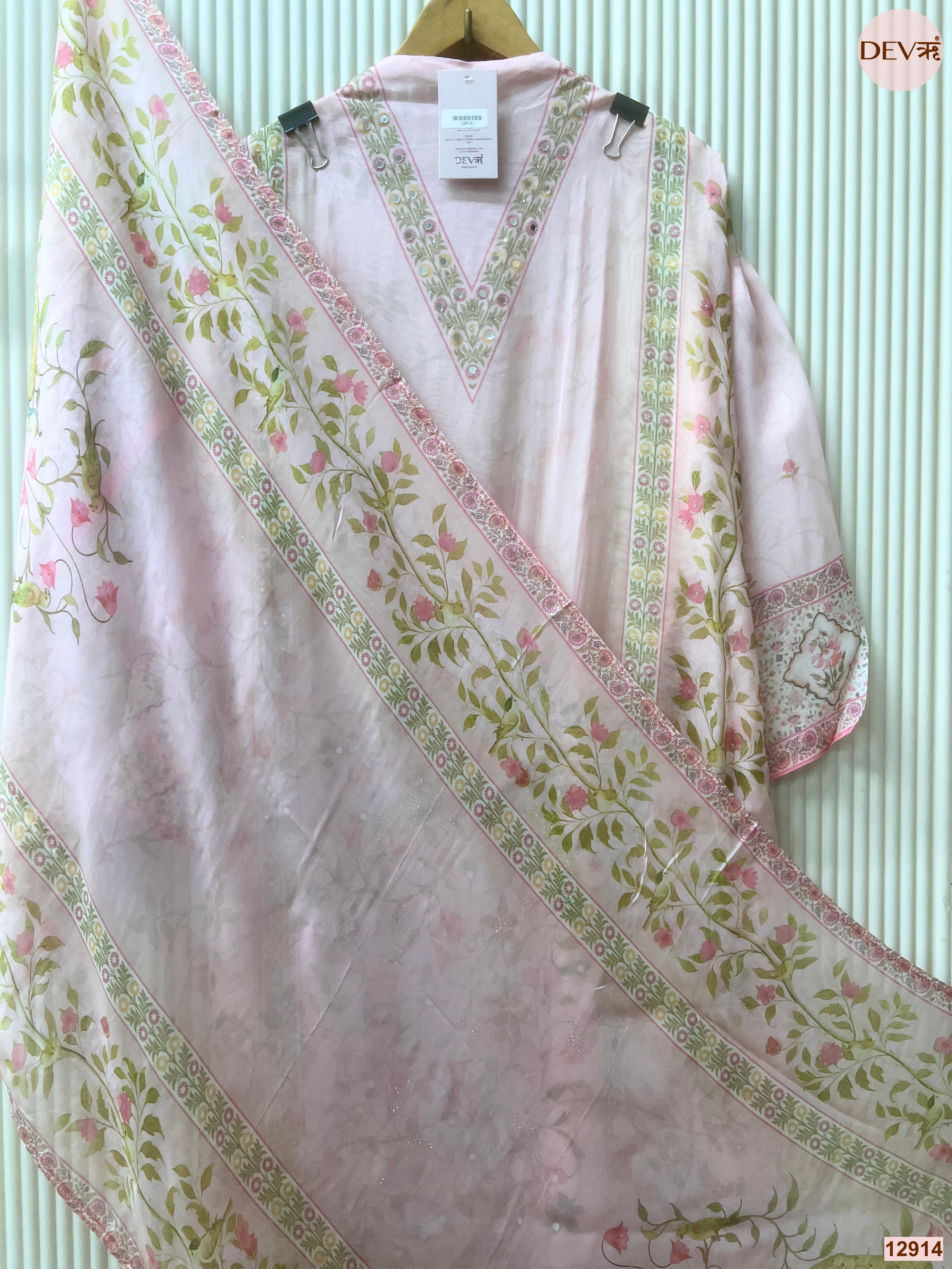 Pink Organza Printed Unstitched 3-Piece Suit (Devri – D.No 12914)