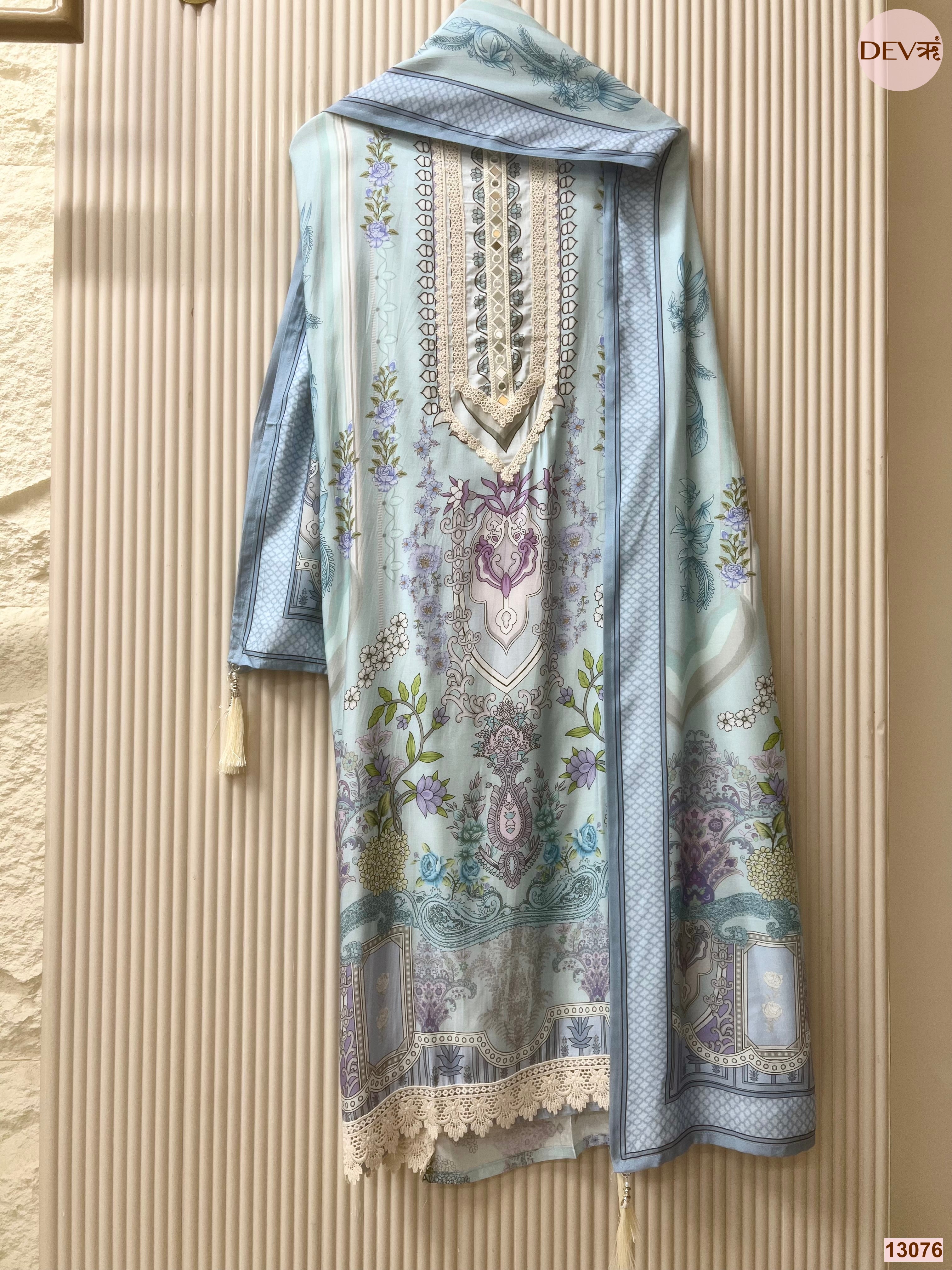 Blue Muslin Printed Unstitched 3-Piece Suit (Devri – D.No 13076)