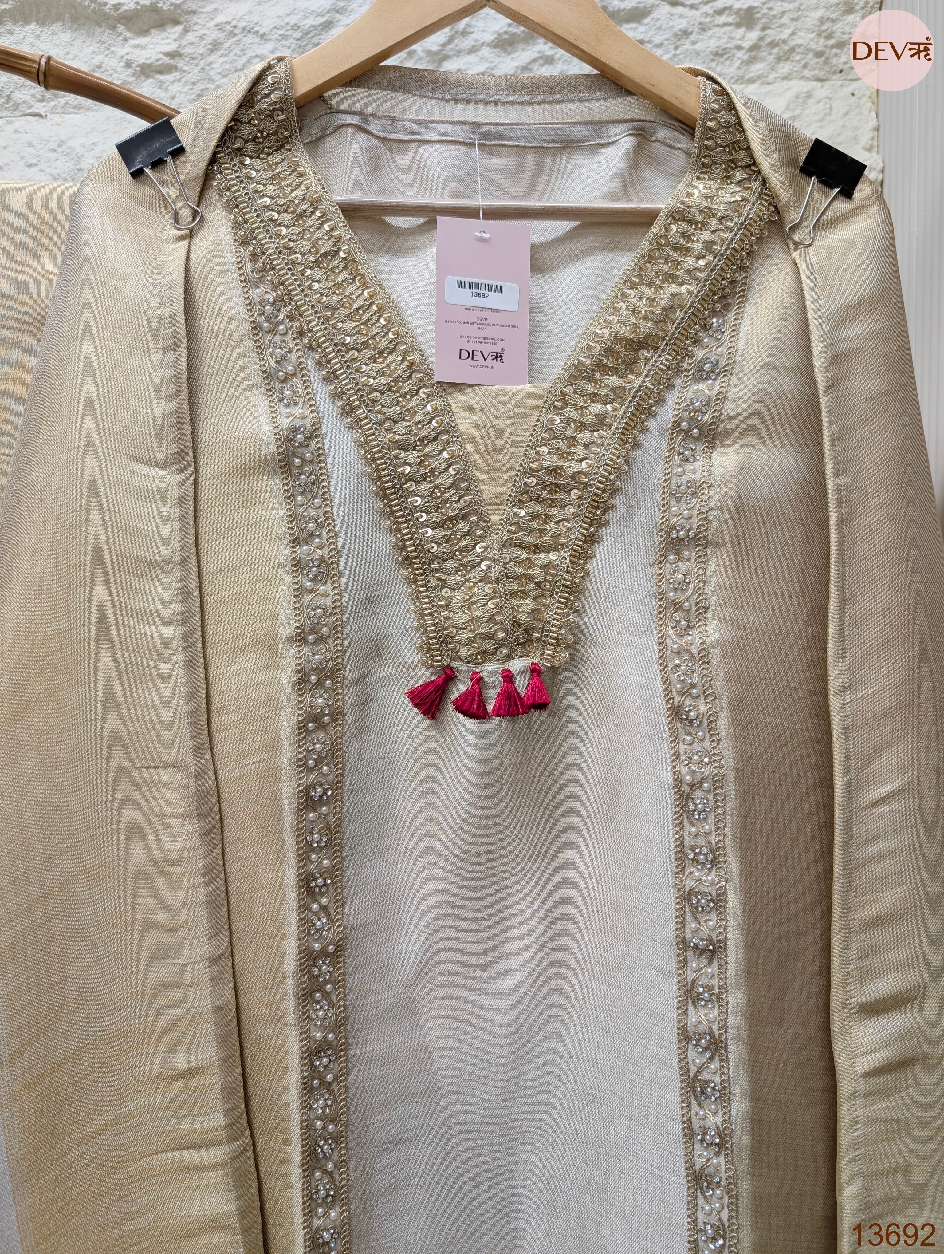 Cream Tissue Slik Embroidered Unstitched 3-Piece Suit (Devri – D.No 13692)