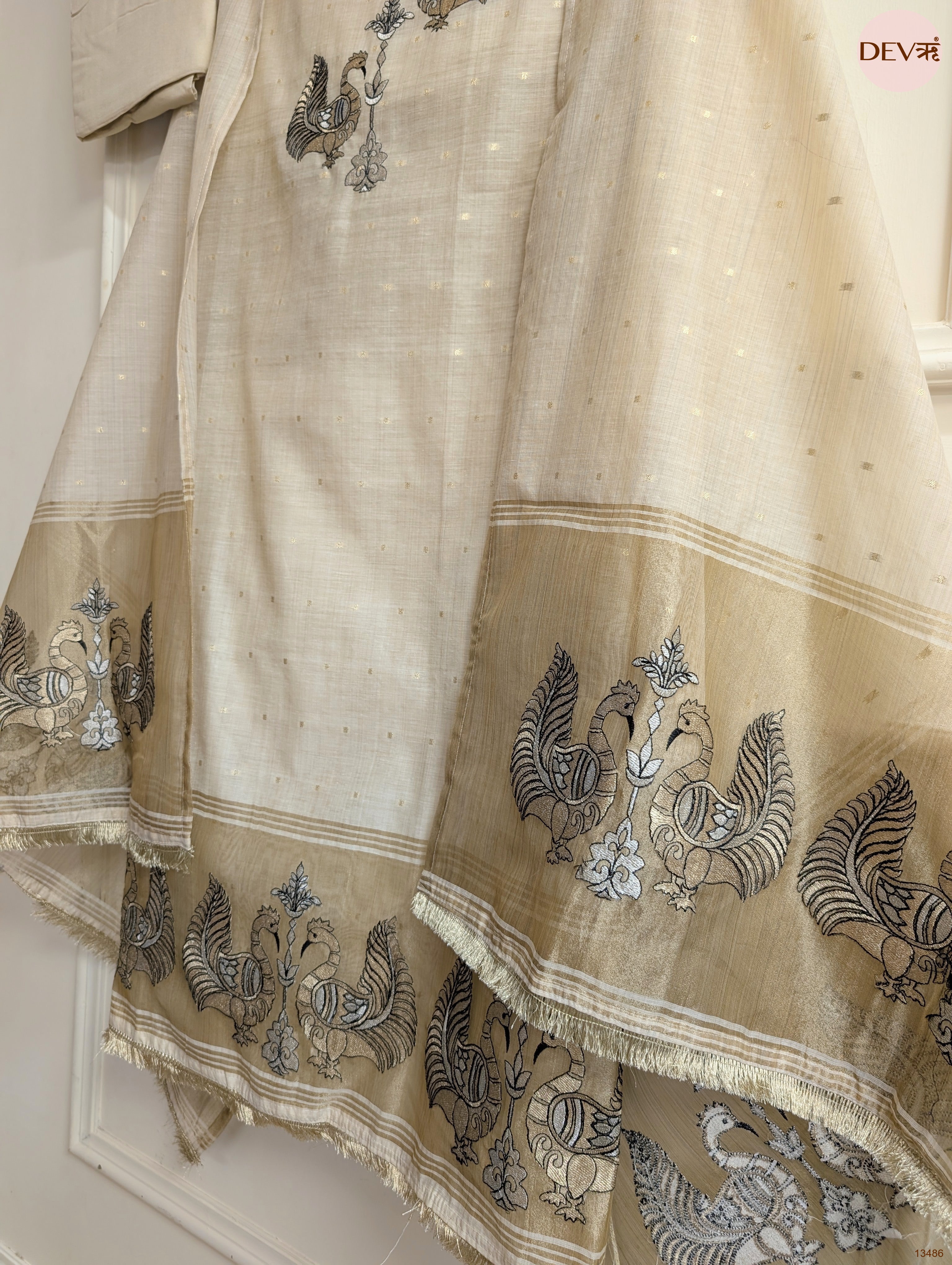 Beige Banarashi Silk Embroidered Unstitched 3-Piece Suit (Devri – D.No 13486)