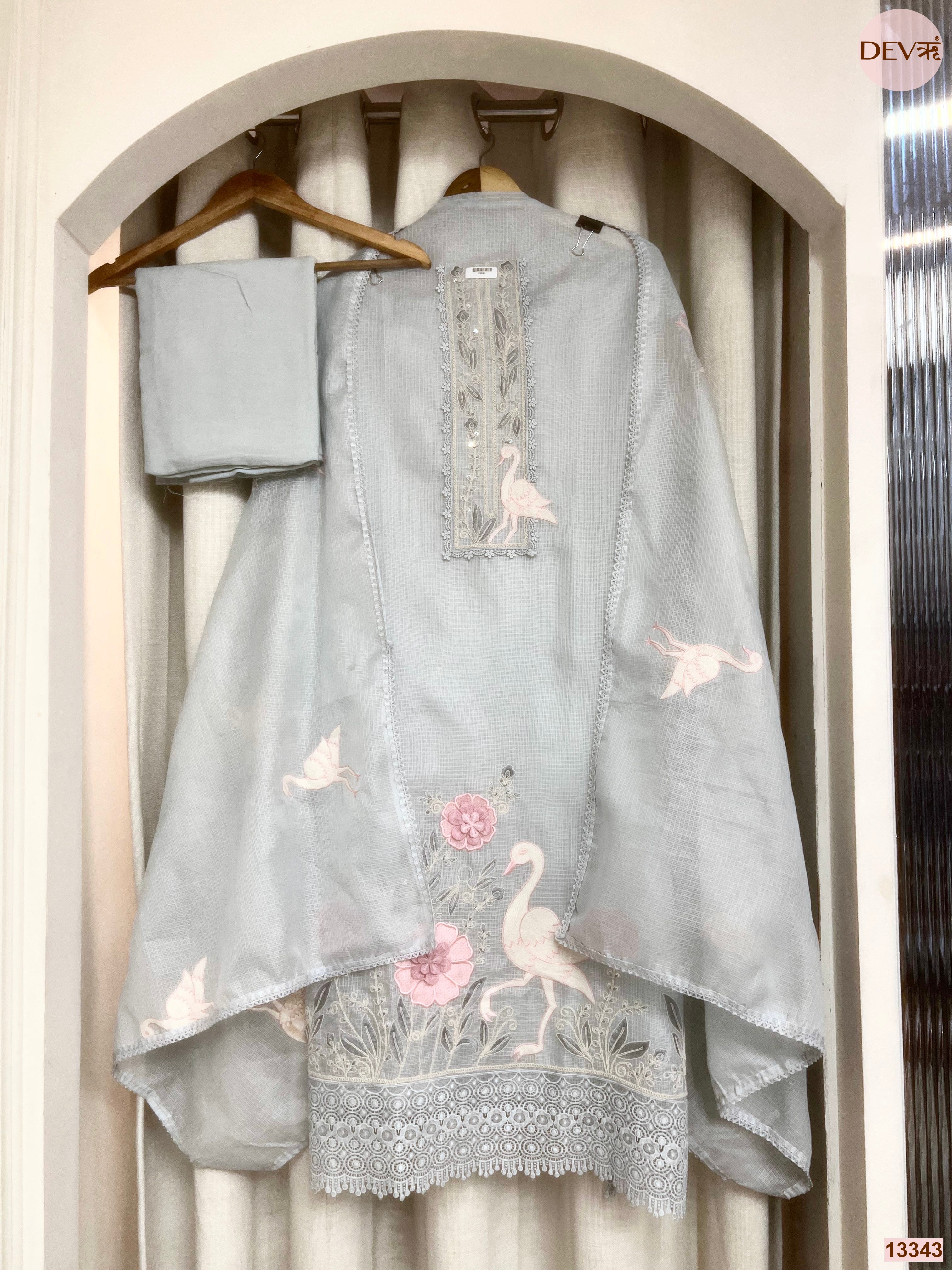 Grey Kota Embroidered Unstitched 3-Piece Suit (Devri – D.No 13343)