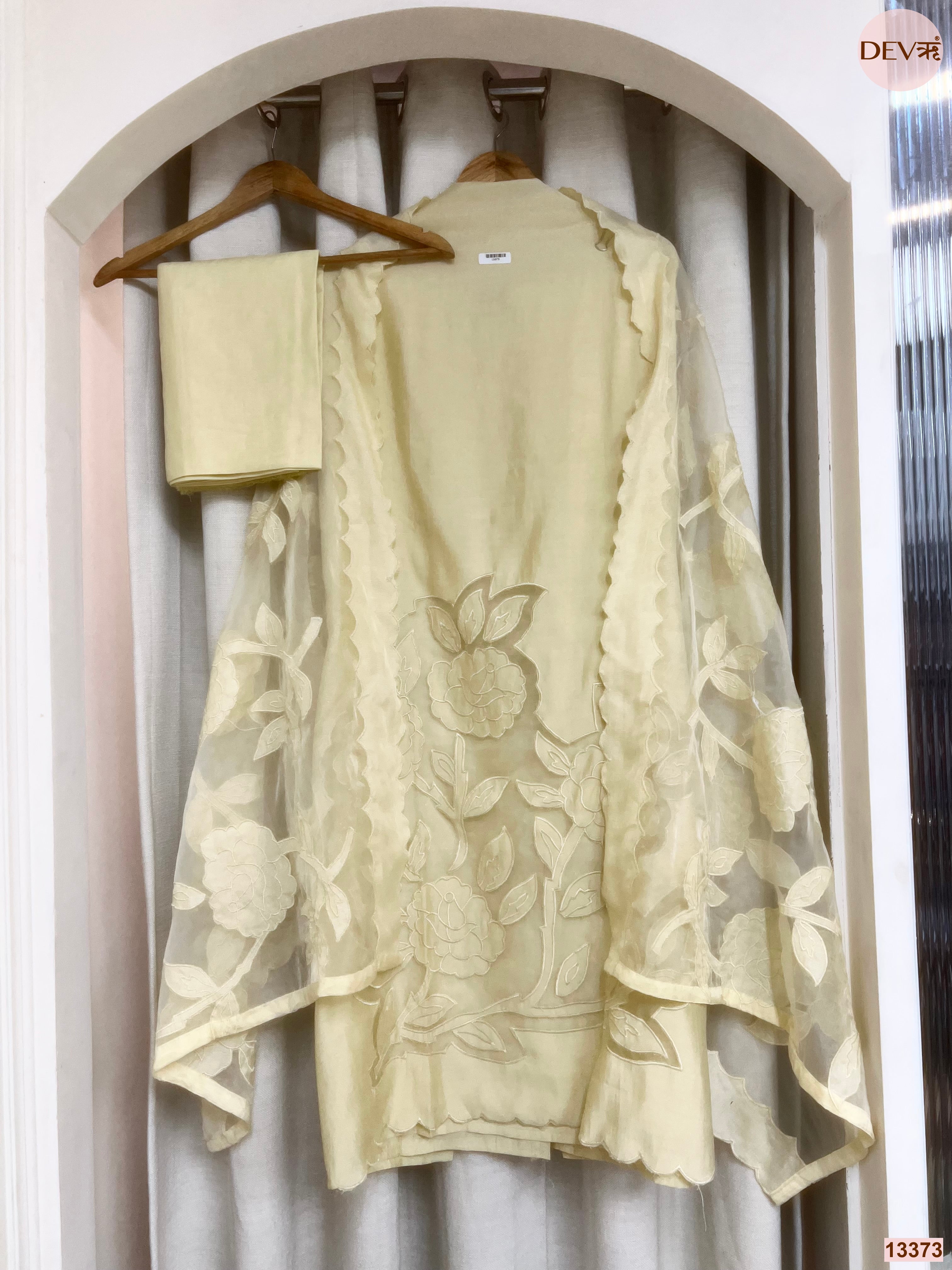 Yellow Roman Silk Embroidered Unstitched 3-Piece Suit (Devri – D.No 13373)