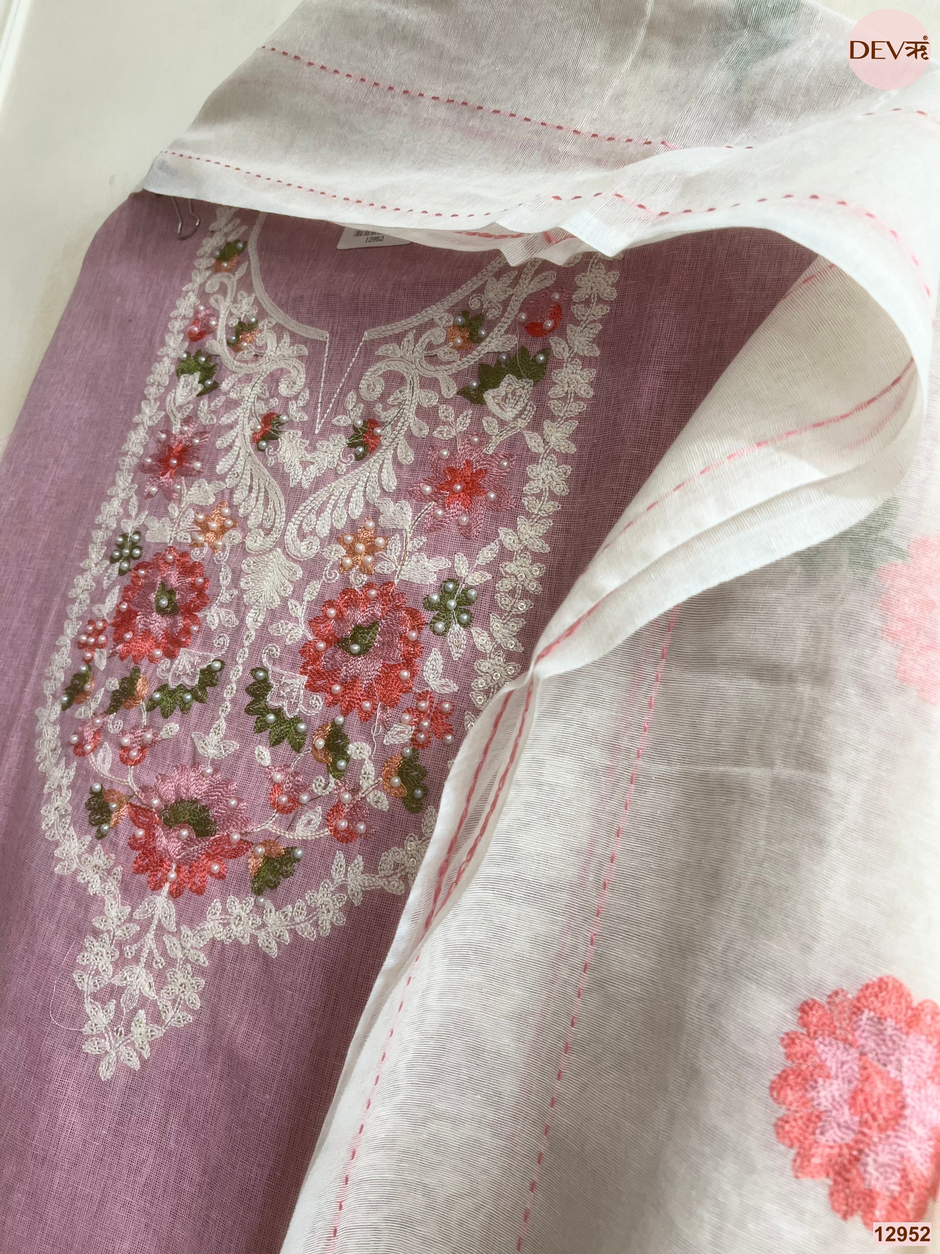 Pink Cotton Handloom Embroidered Unstitched 3-Piece Suit (Devri – D.No 12952)