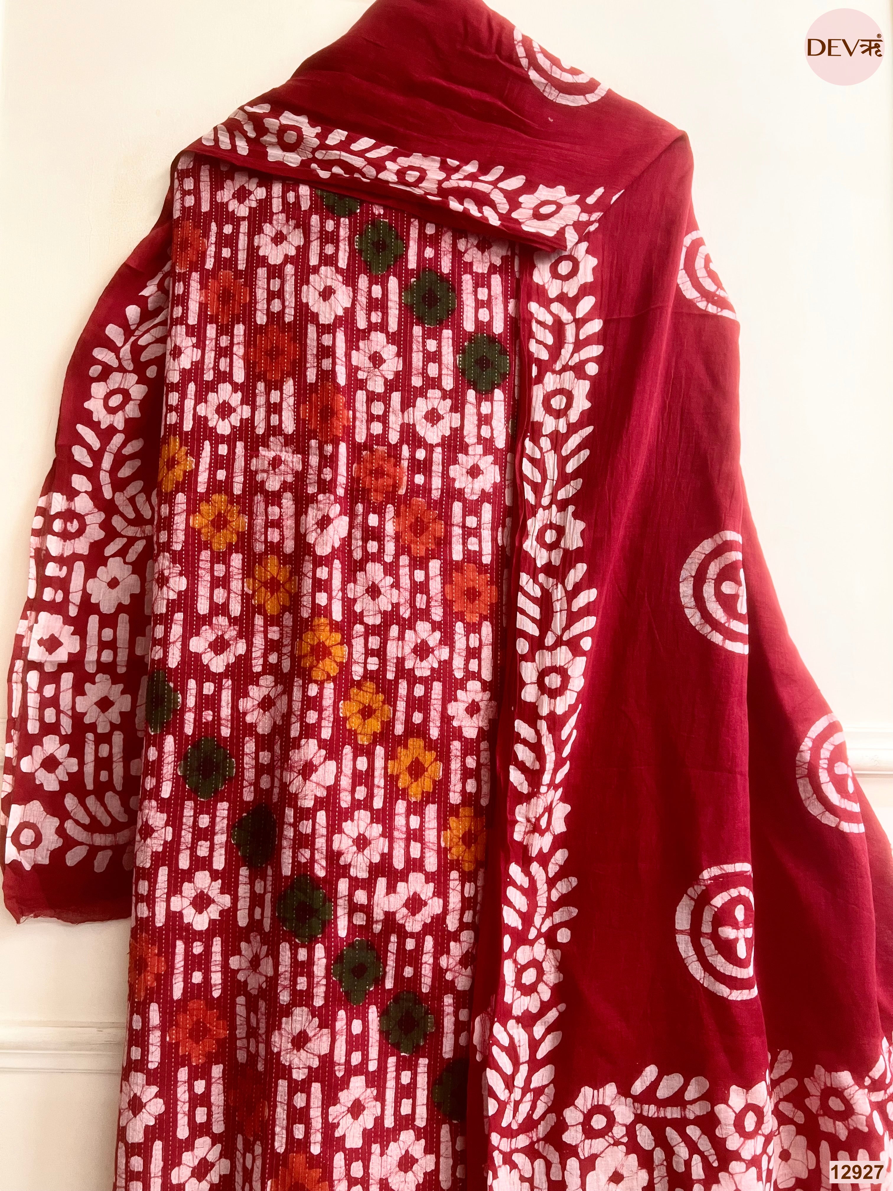 Maroon Cotton Batik Printed Unstitched 3-Piece Suit (Devri – D.No 12927)