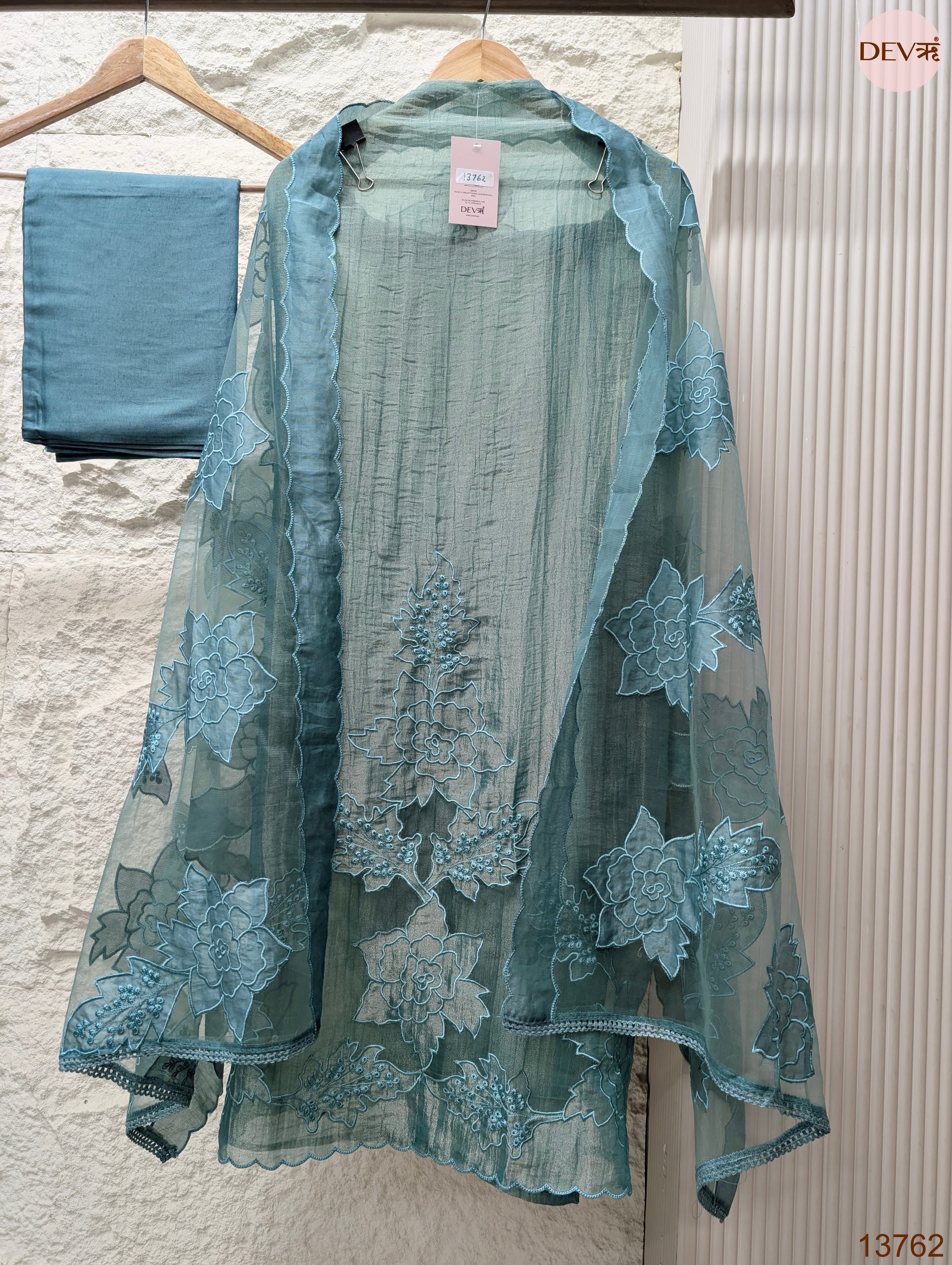Teal Tissue Silk Embroidered Unstitched 3-Piece Suit (Devri – D.No 13762)