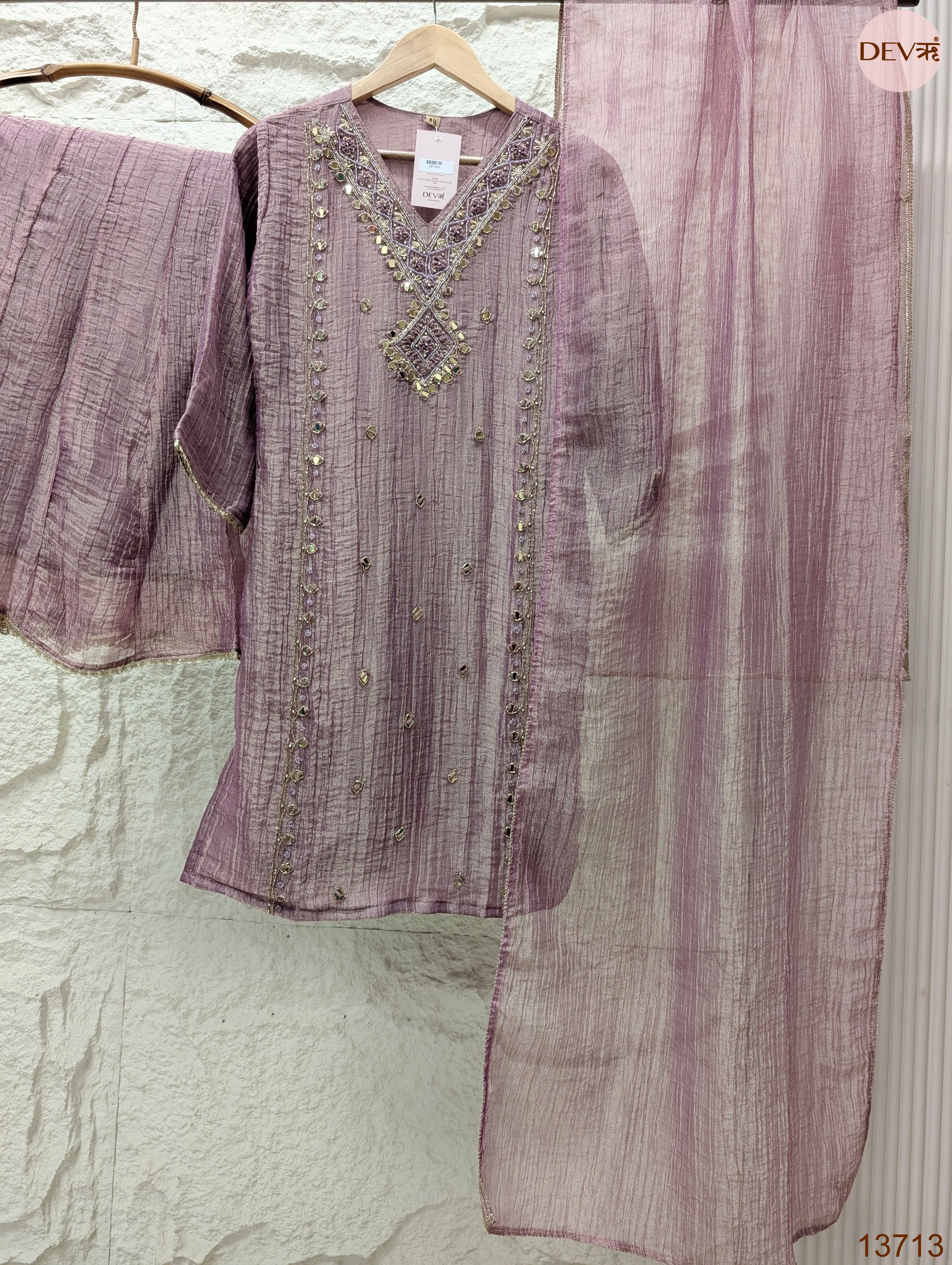 Gulnaar Tissue silk Embroidered Mauve 3-Piece Set (Devri – D.No 13713)