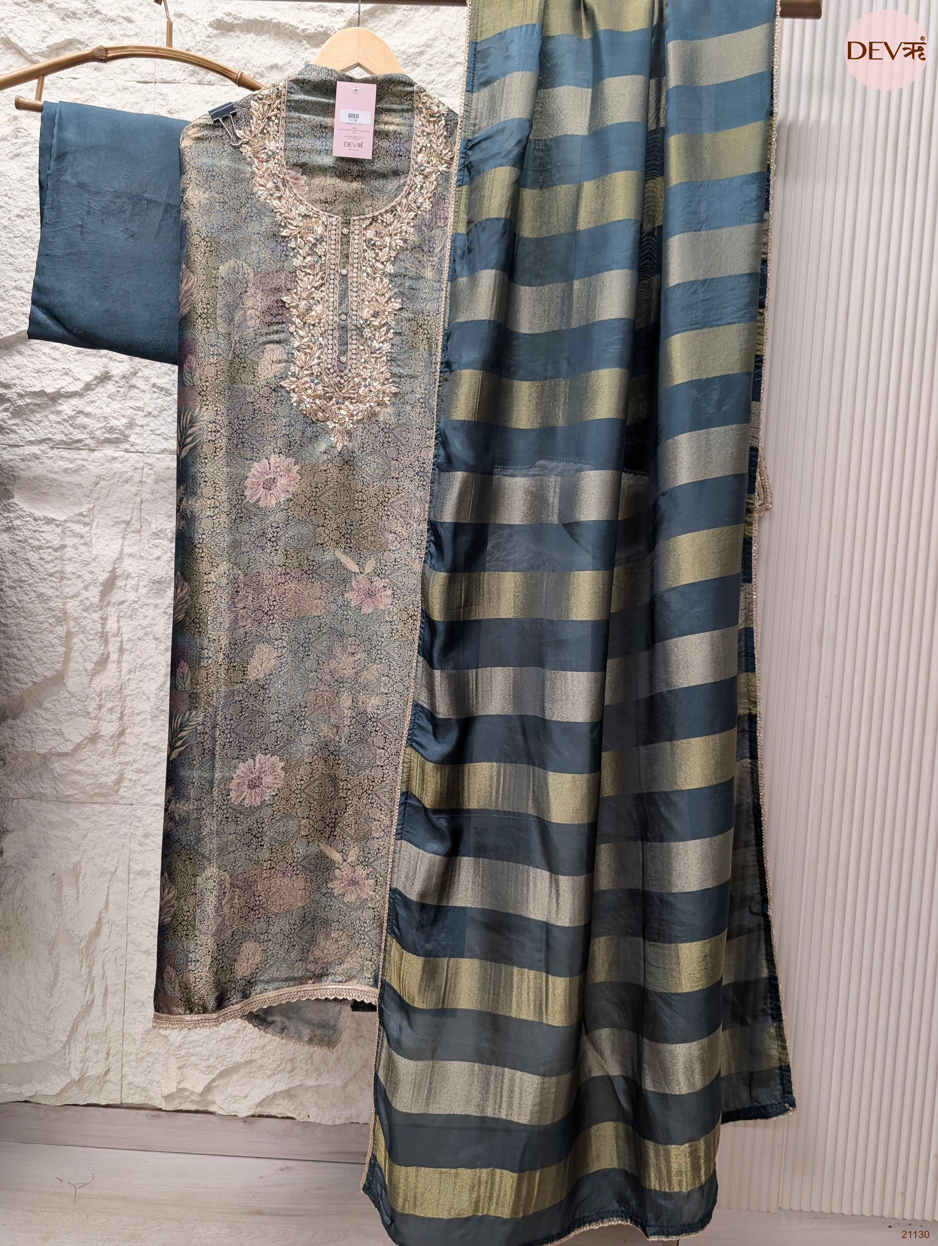 Teal Pure Banarasi Woven Silk Embroidered Unstitched 3-Piece Suit (Devri – D.No 21130)