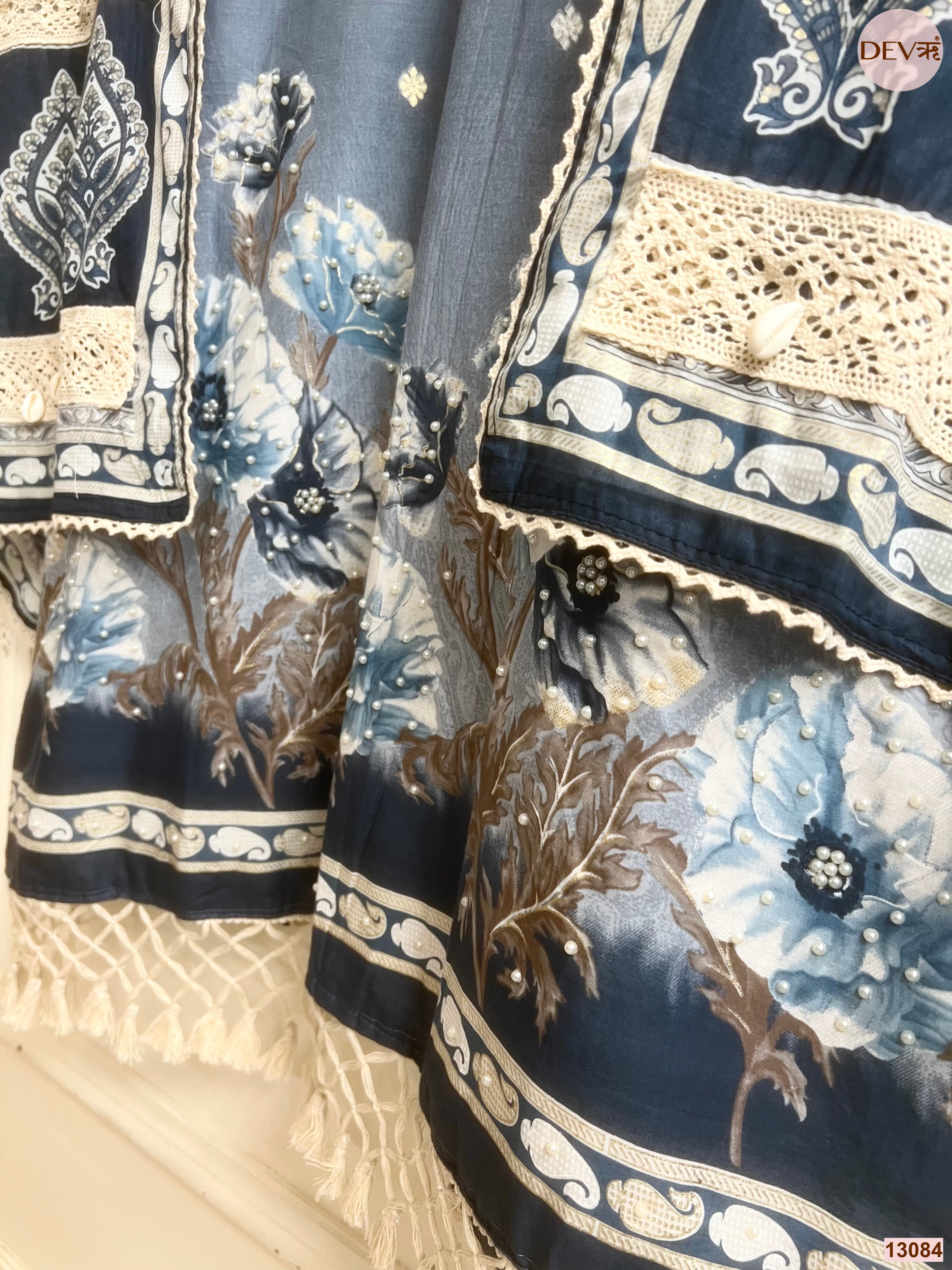 Blue Cotton Printed Unstitched 3-Piece Suit (Devri – D.No 13084)
