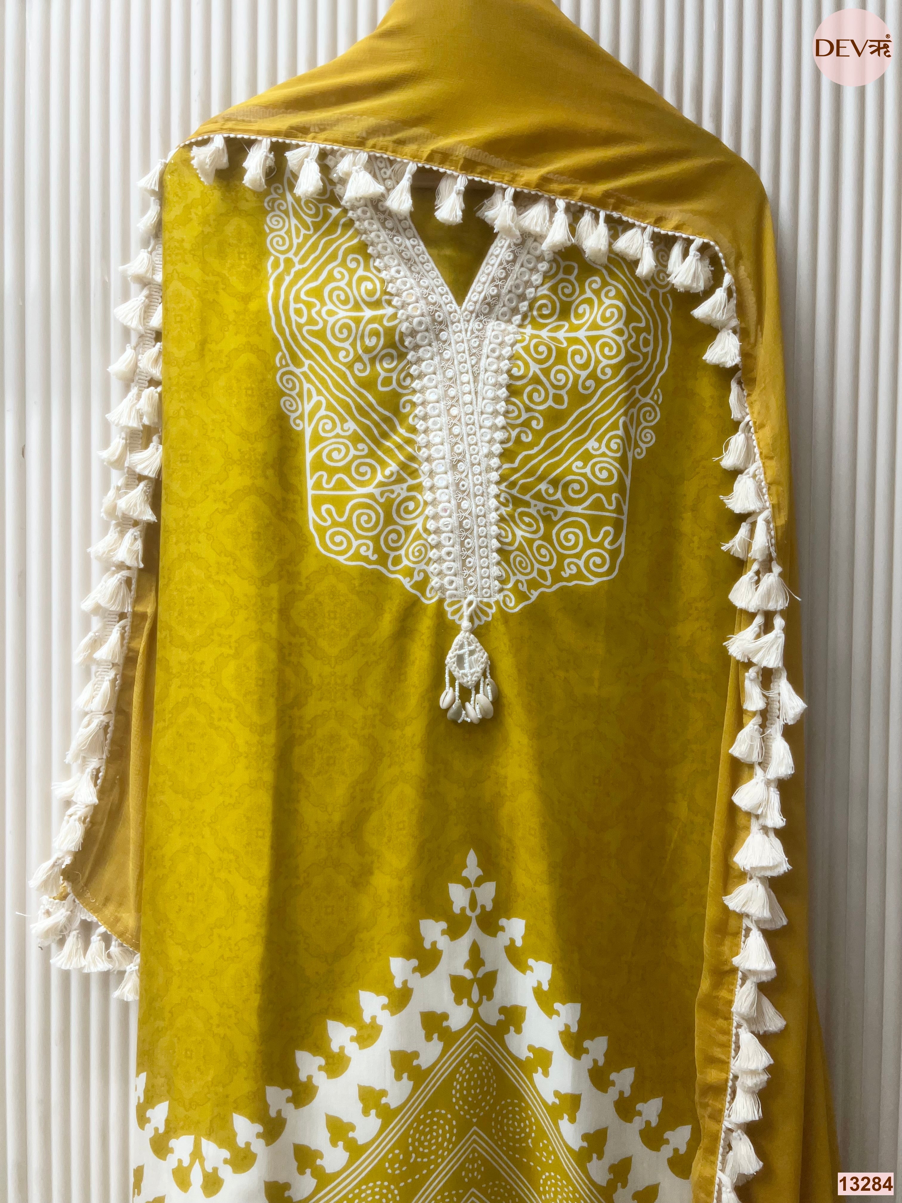 Mustard Muslin Printed Unstitched 3-Piece Suit (Devri – D.No 13284)