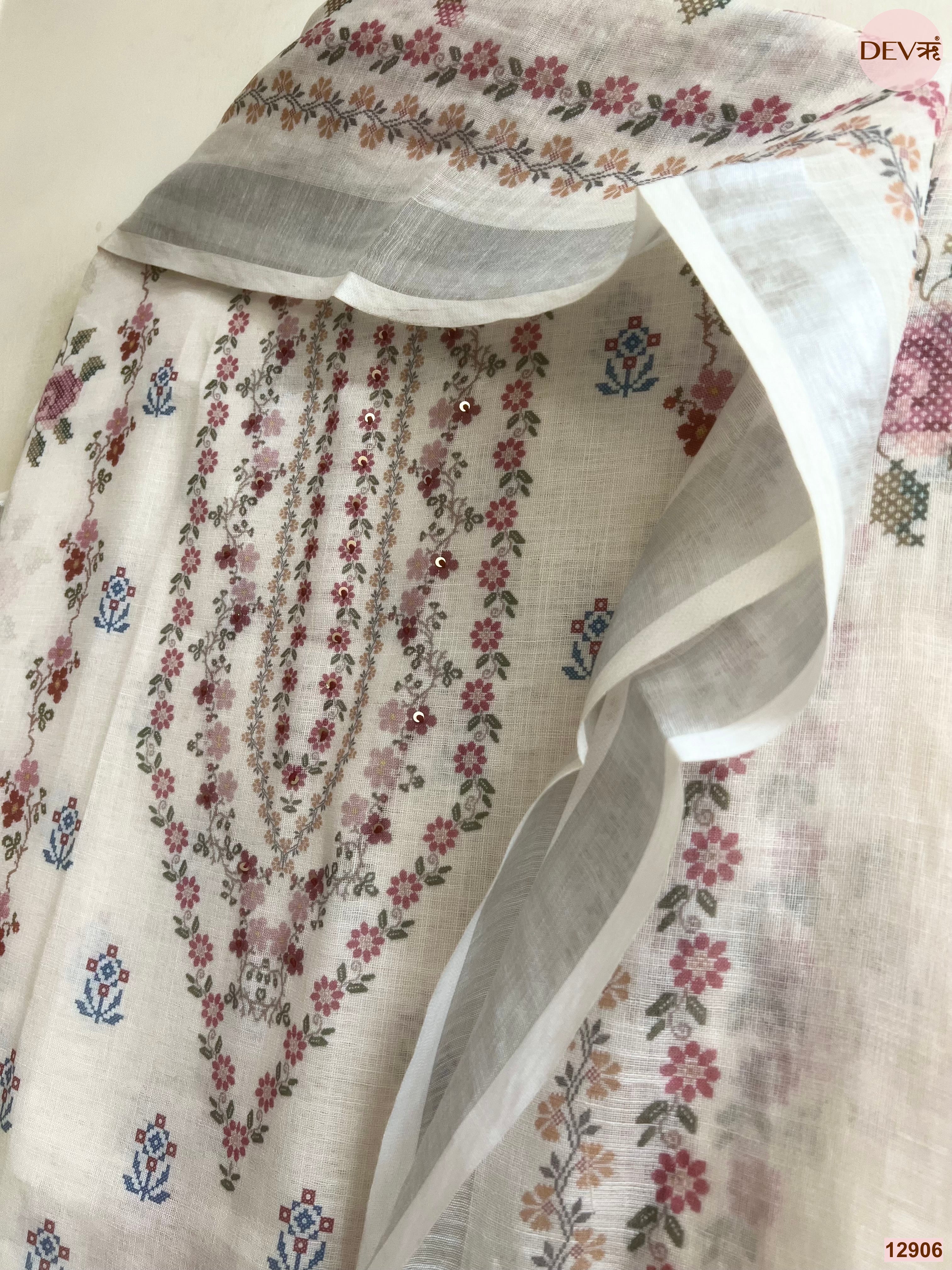 Cream Linen Printed Unstitched 3-Piece Suit (Devri – D.No 12906)