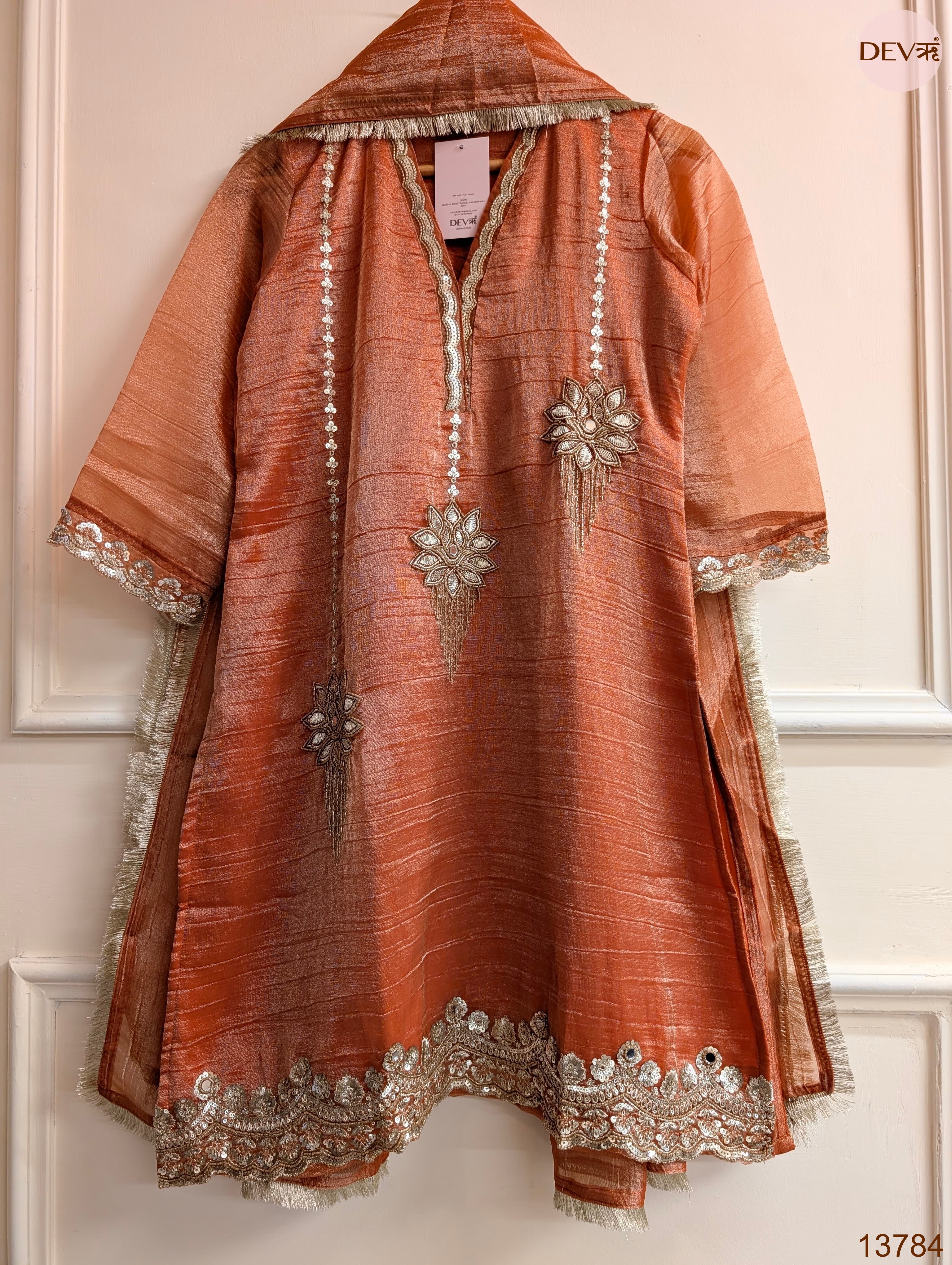 Gulnaar Tissue Silk Embroidered Rust 3-Piece Set (Devri – D.No 13784)