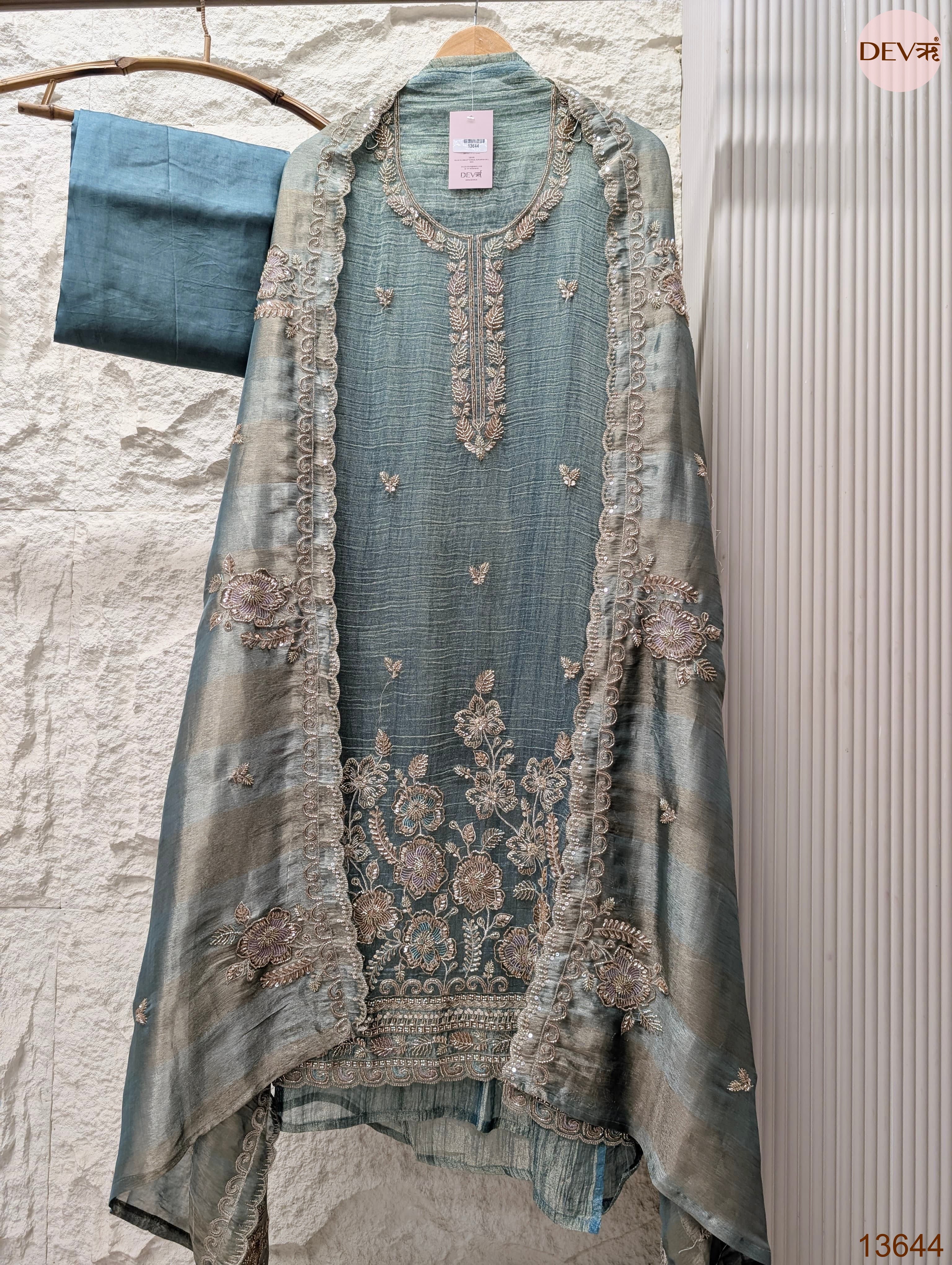 Teal Tissue Crush Silk Embroidered Unstitched 3-Piece Suit (Devri – D.No 13644)