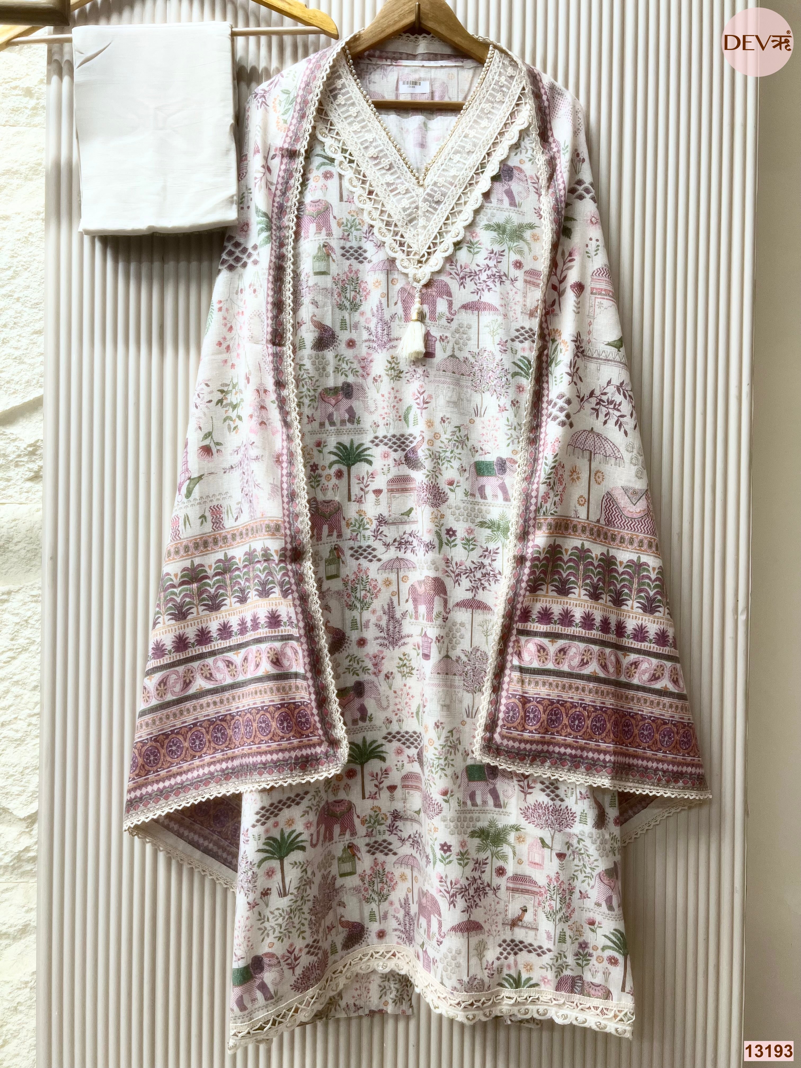 White Cotton Printed Unstitched 3-Piece Suit (Devri – D.No 13193)