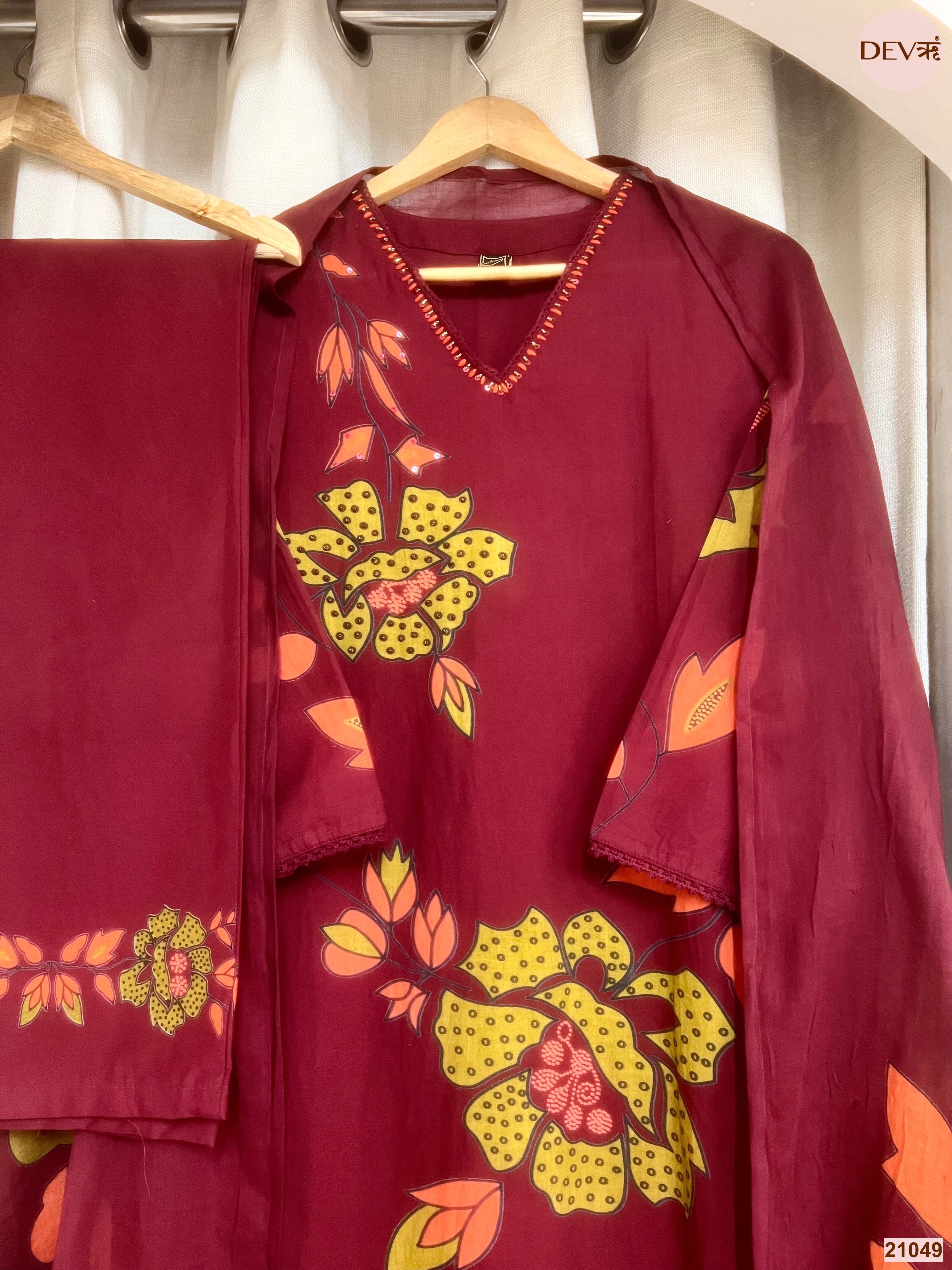 Gulnaar Cotton Slub Printed Maroon 3-Piece Set (Devri – D.No 21049)