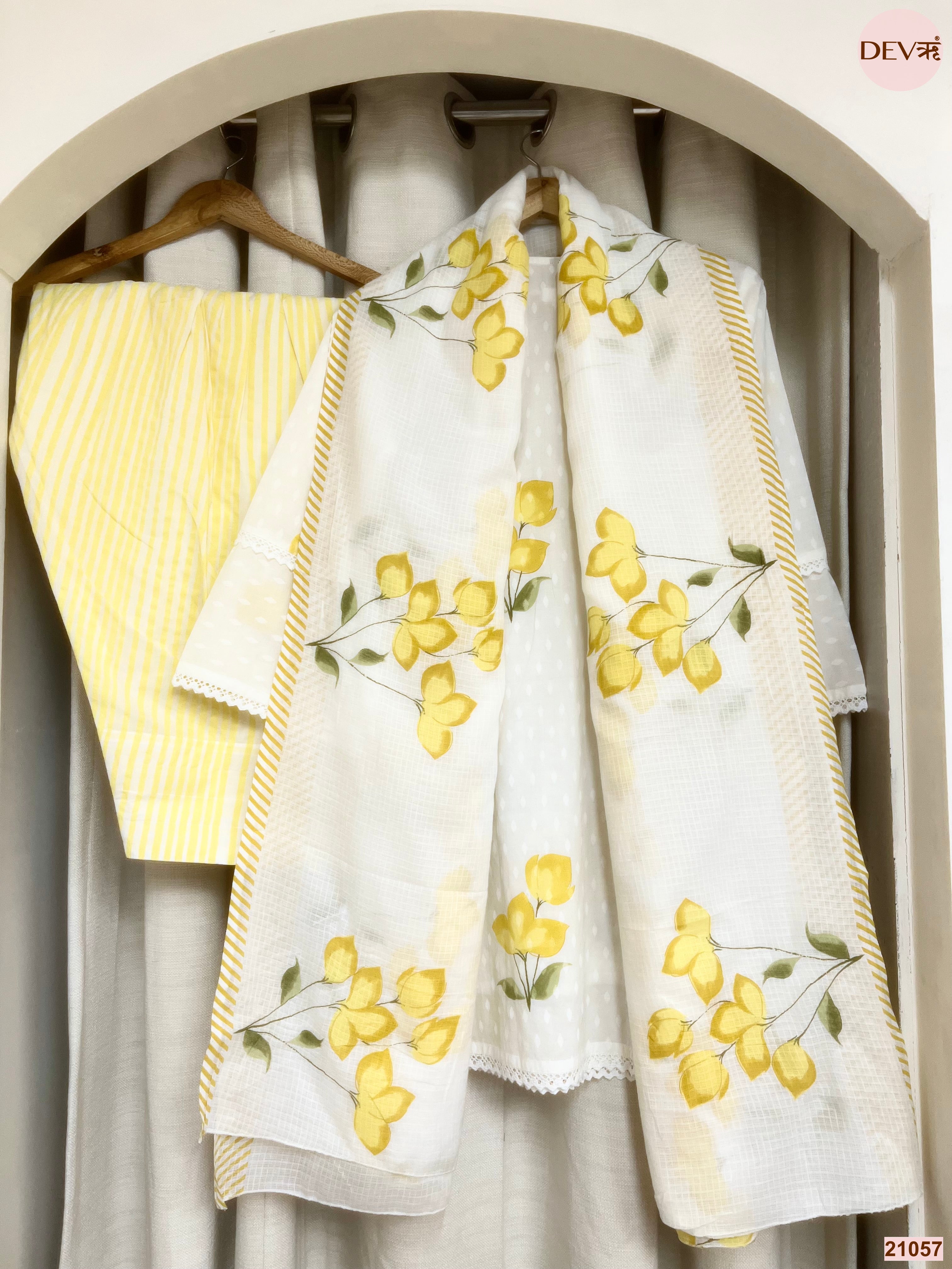 Gulnaar Pure Cotton Printed farsi salwar White 3-Piece Set (Devri – D.No 21057)